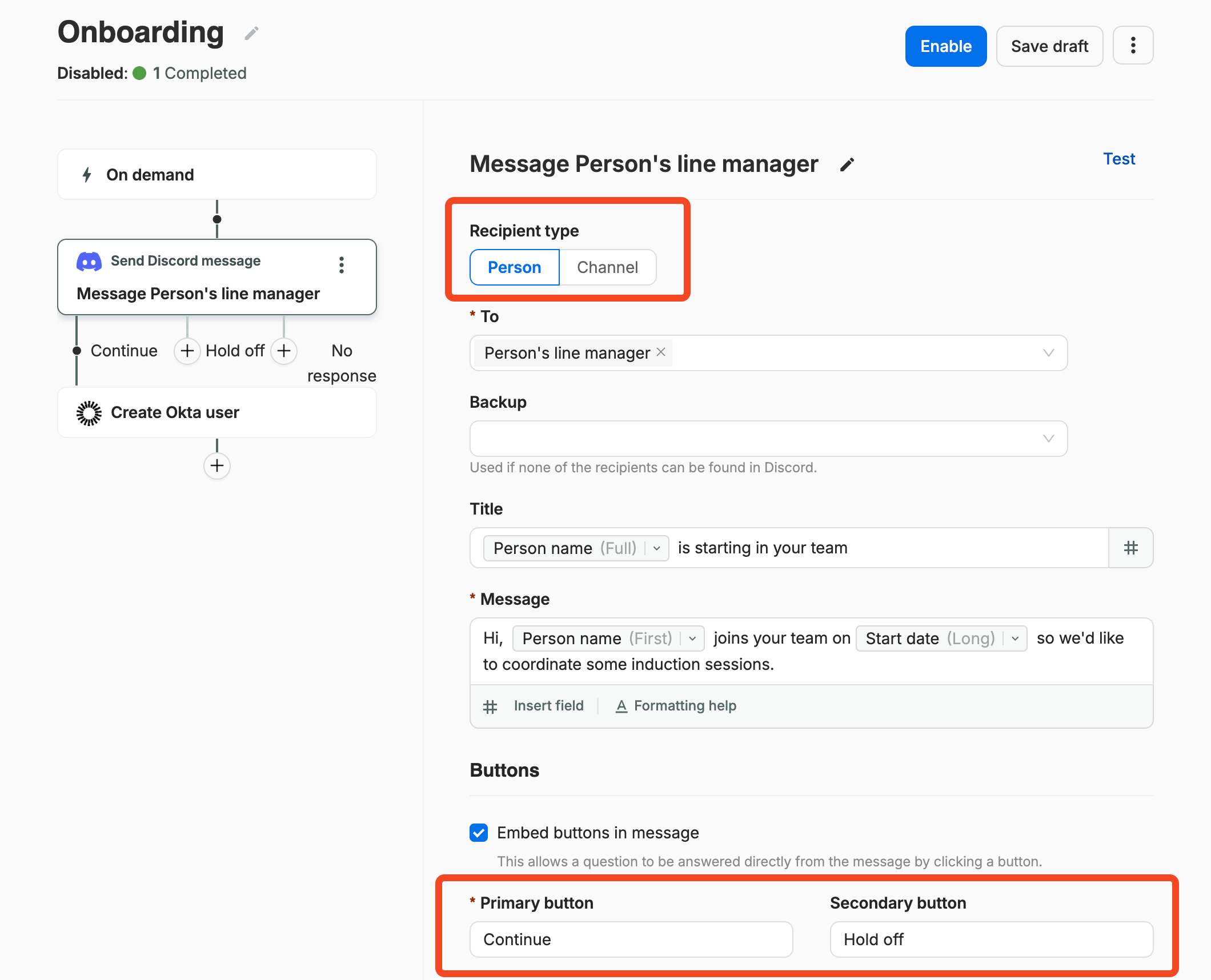 SaaS Manager workflow with a Send Discord message step configured to send a message to a person's line manager