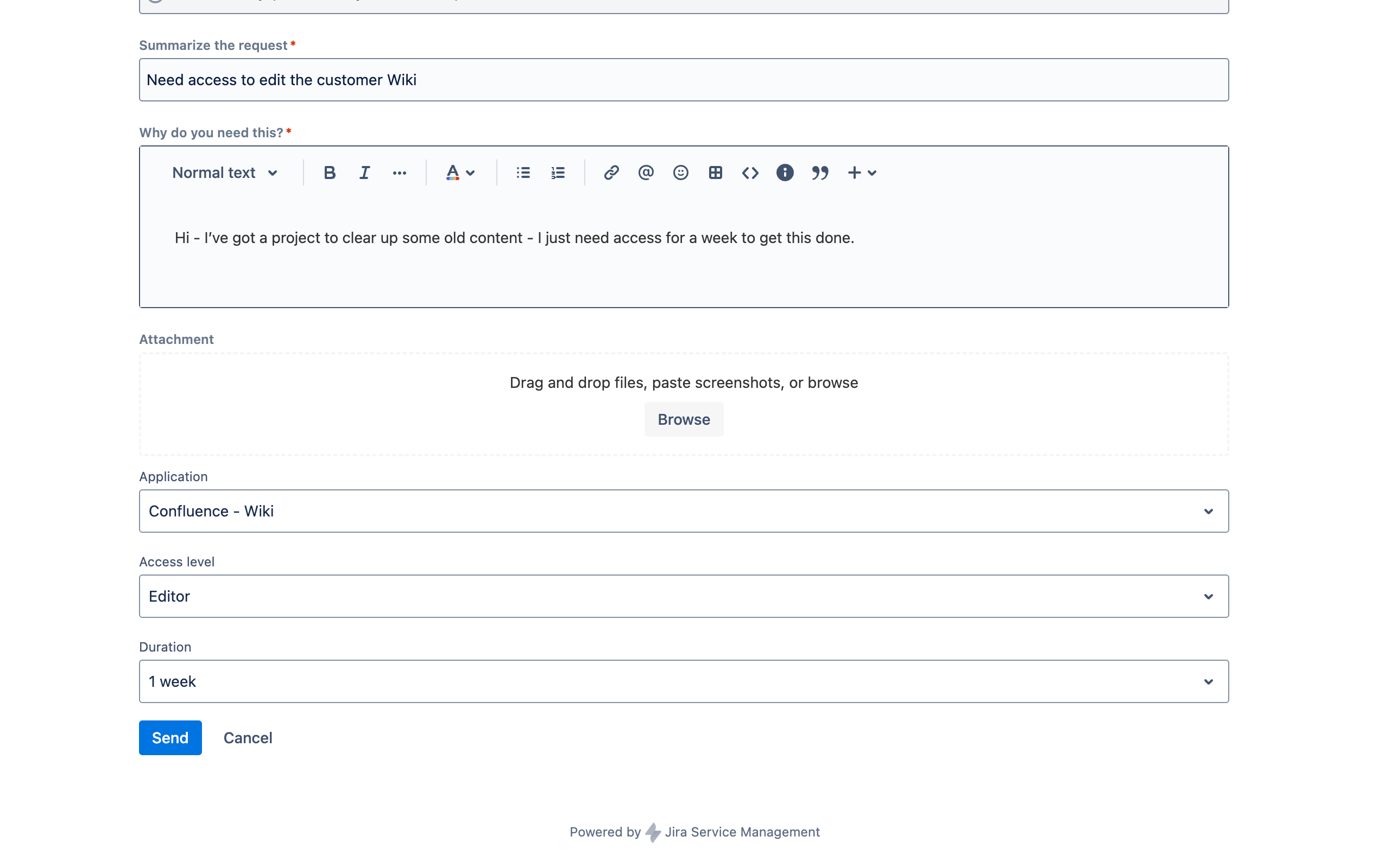 Jira Service Management request form for temporary Confluence editor access