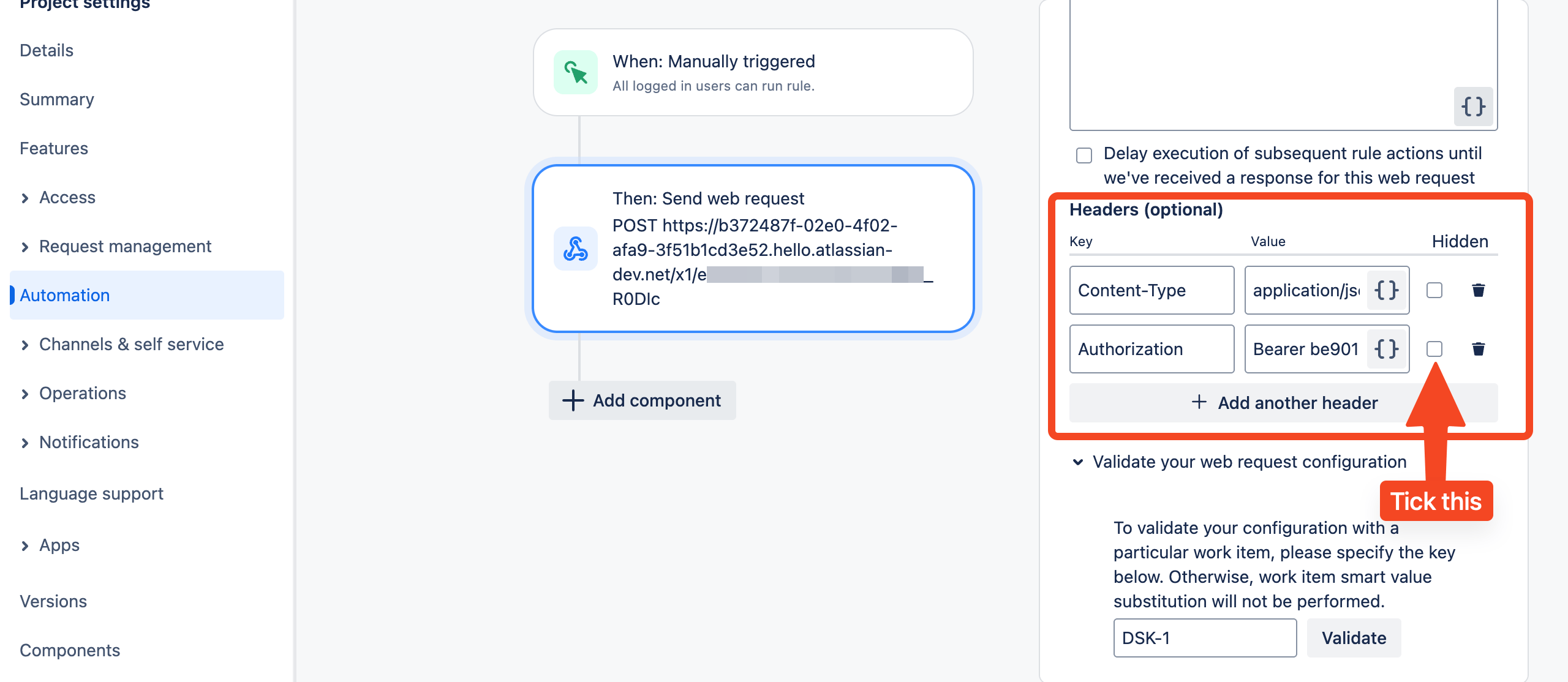 Jira Service Management Send web request action with content-type and authorization headers
