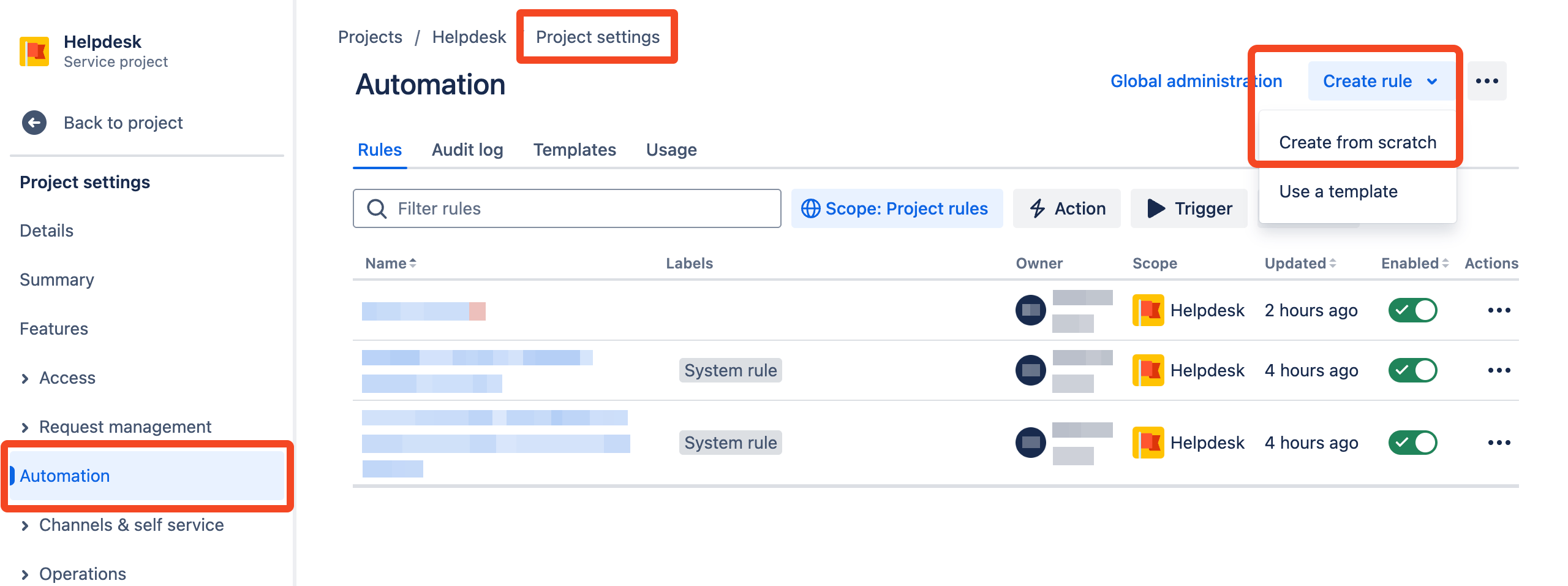 Jira Service Management Automation page with Create from scratch selected