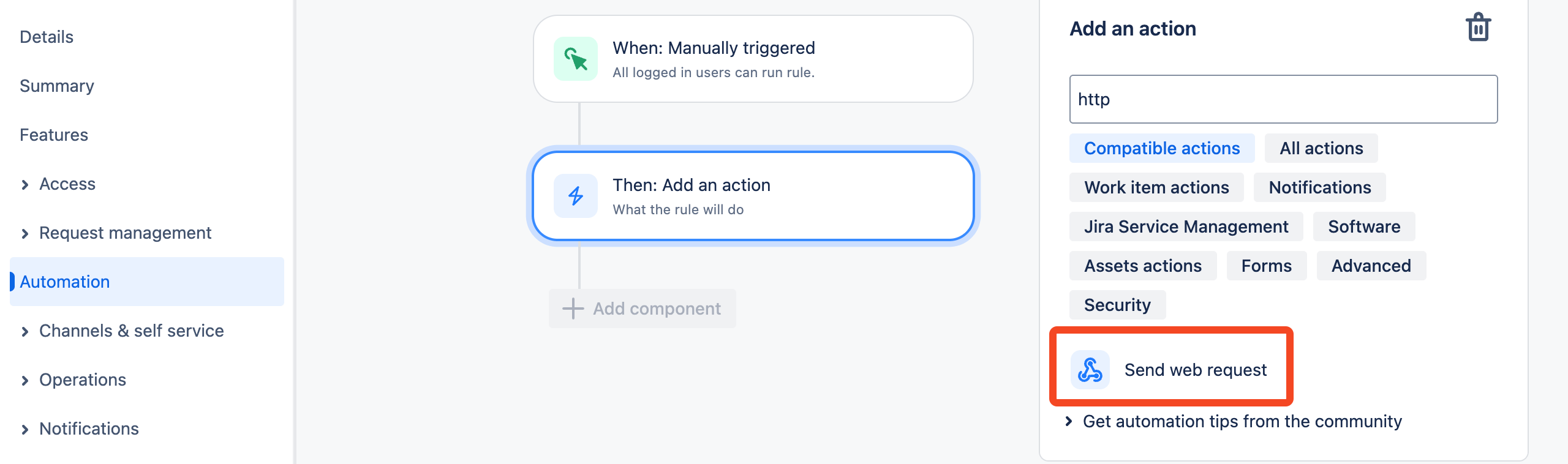 Jira Service Management automation rule editor with Send web request selected
