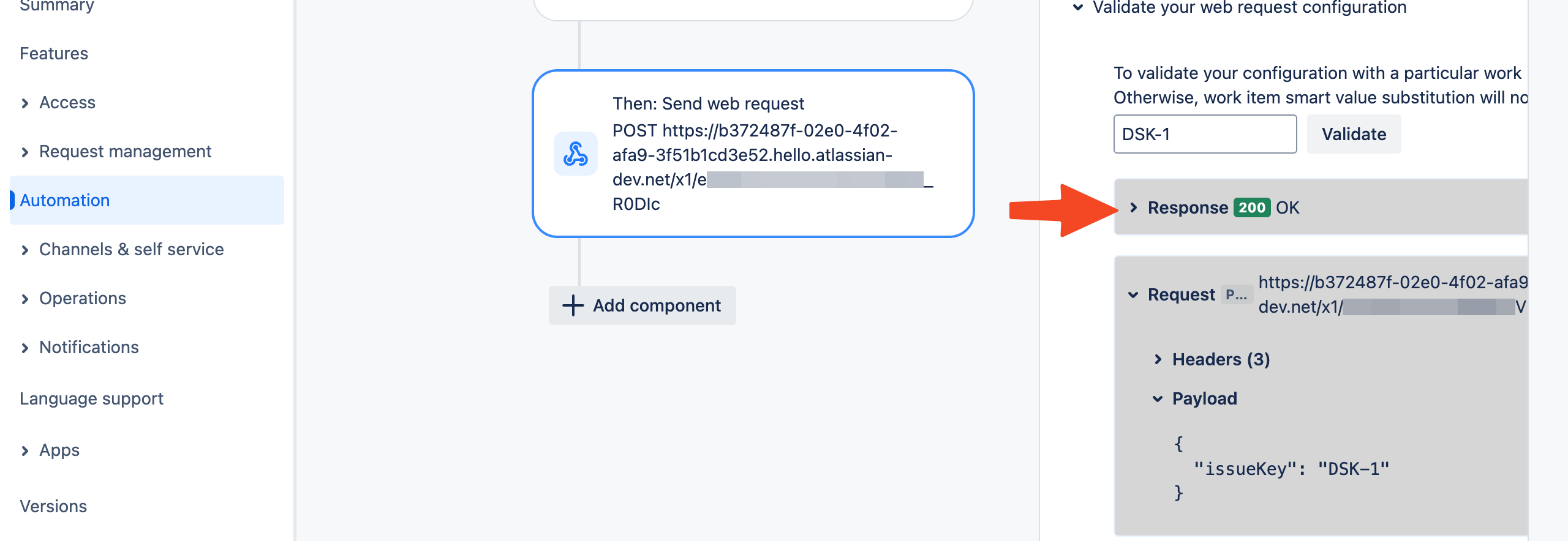 Jira Service Management automation rule showing a successful 200 response to a web request