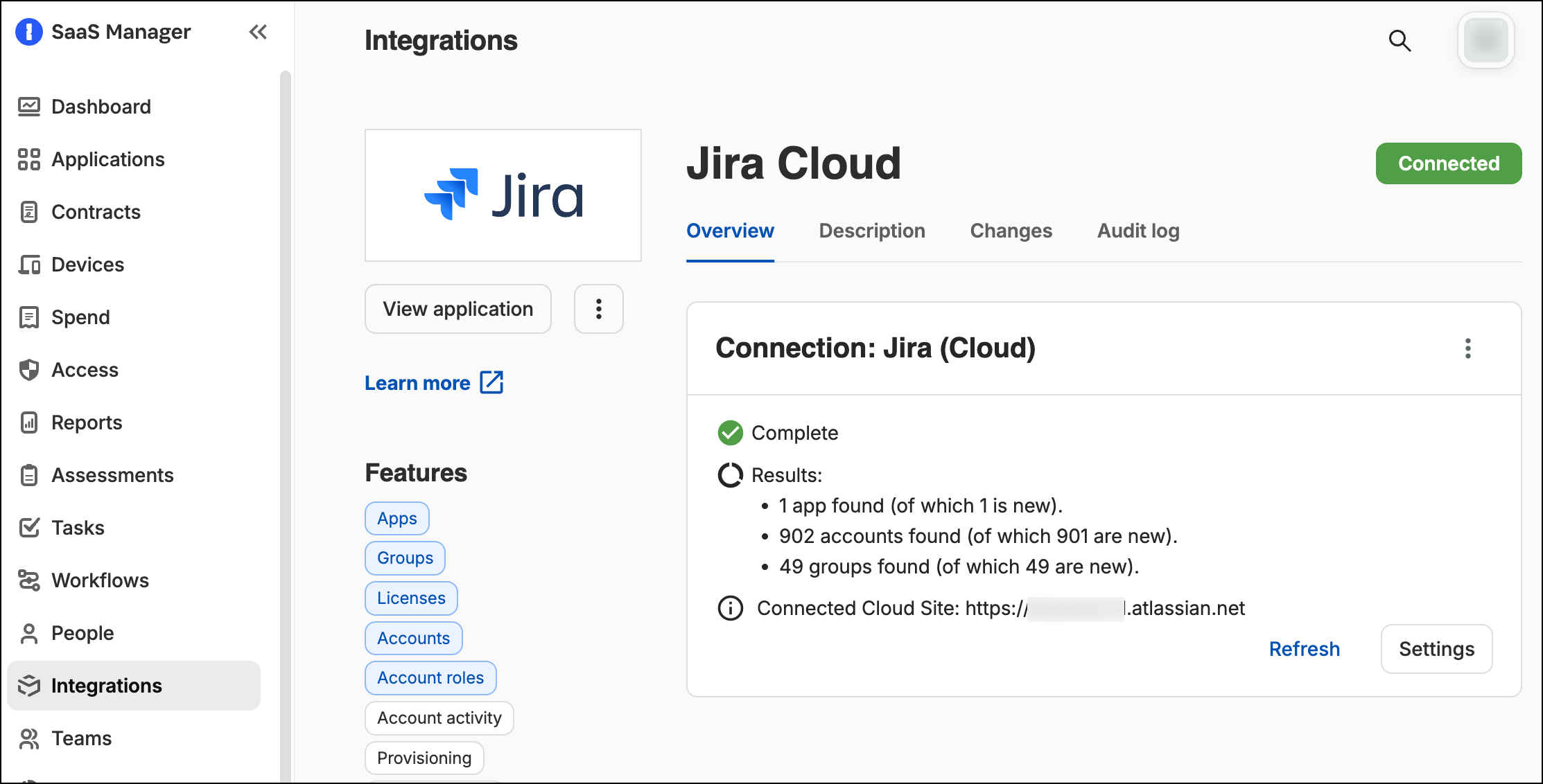 SaaS Manager Jira Cloud integration page showing a completed connection and available features
