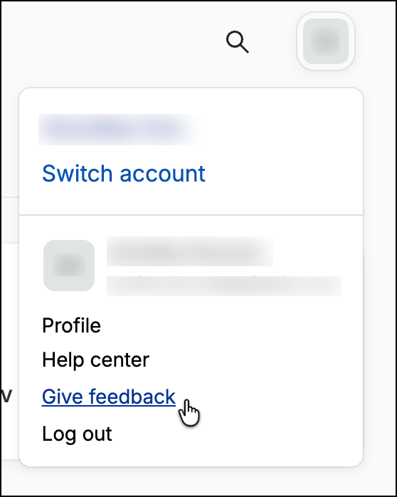SaaS Manager account menu with Give feedback highlighted