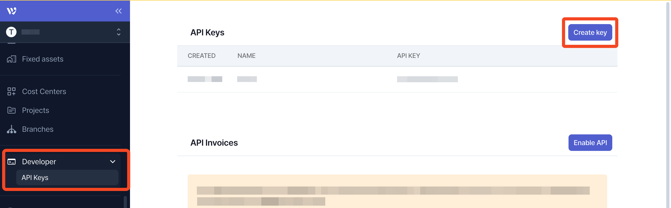 Wafeq Developer menu API Keys page with Create key selected