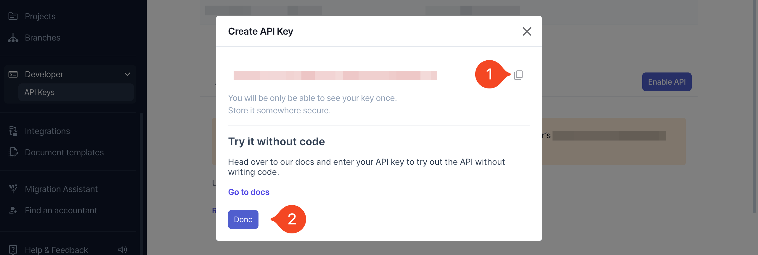 Wafeq API key dialog showing the generated token