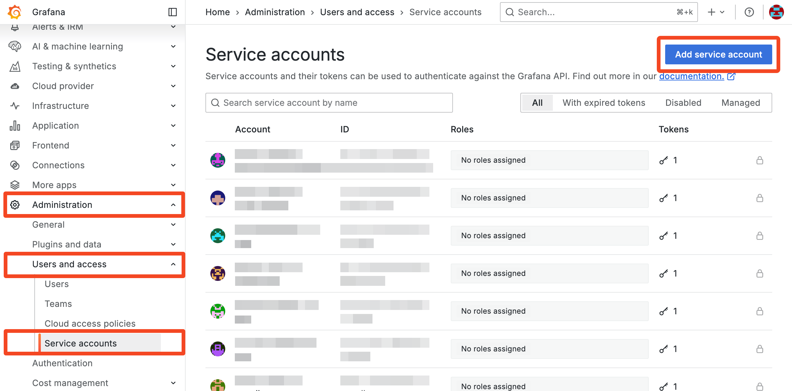 Grafana Cloud service accounts page with Add service account selected
