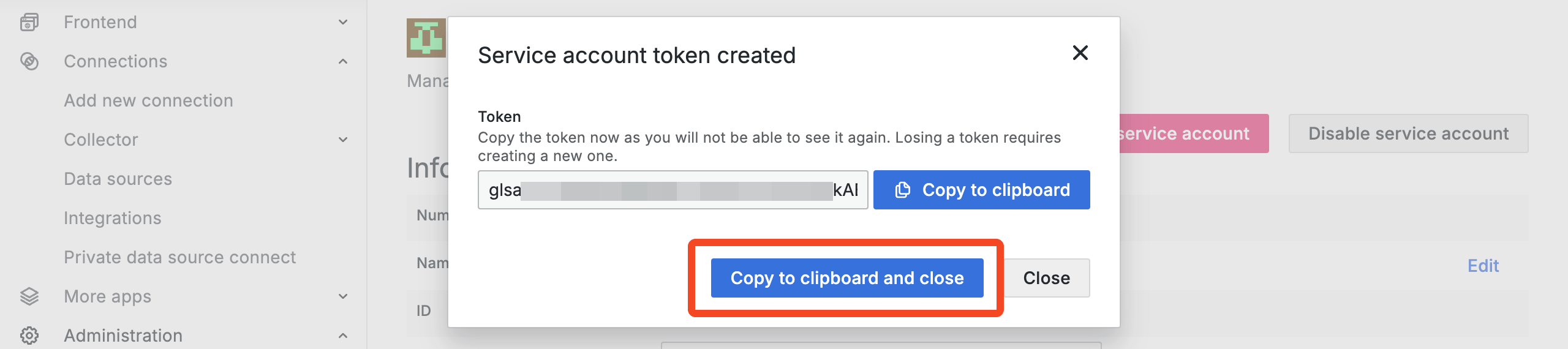 Grafana Cloud service account token dialog with Copy to clipboard and close selected