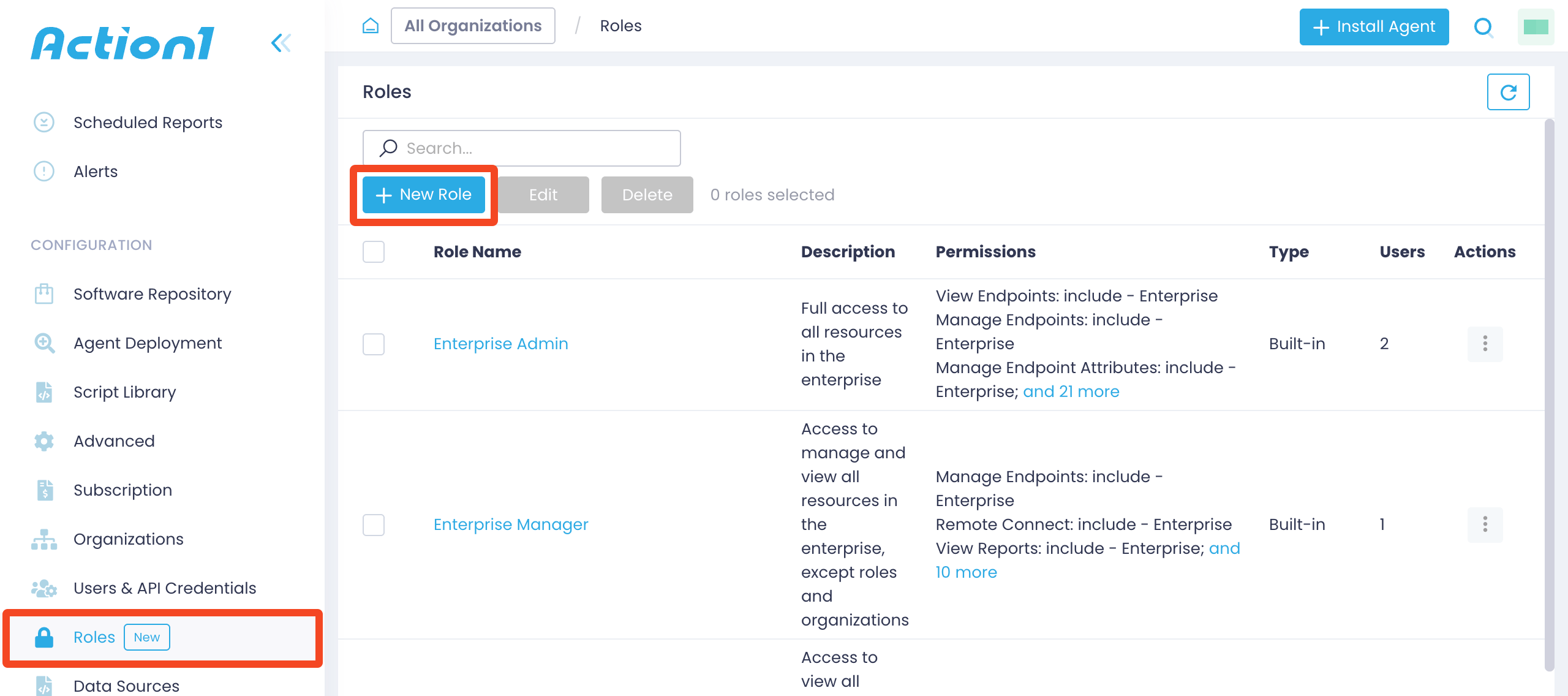 Action1 Roles page with New Role selected