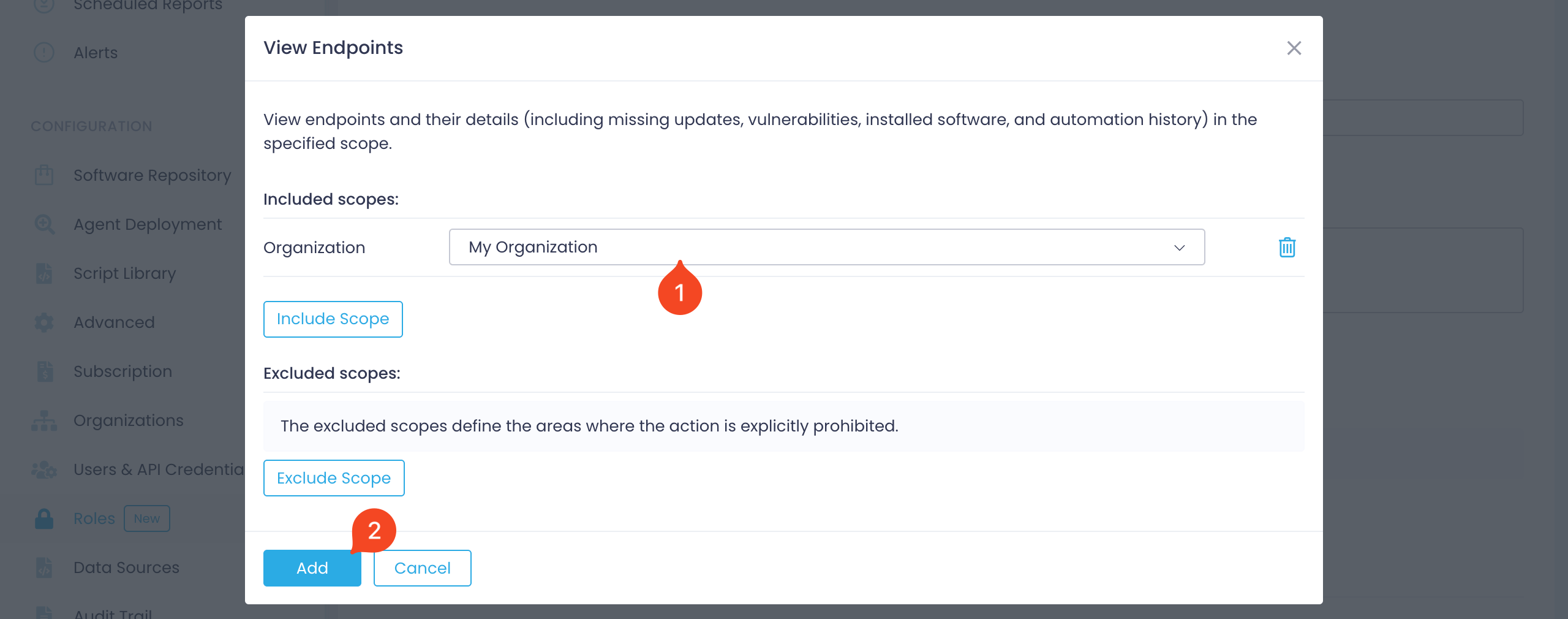 Action1 organization selector for a role permission scope