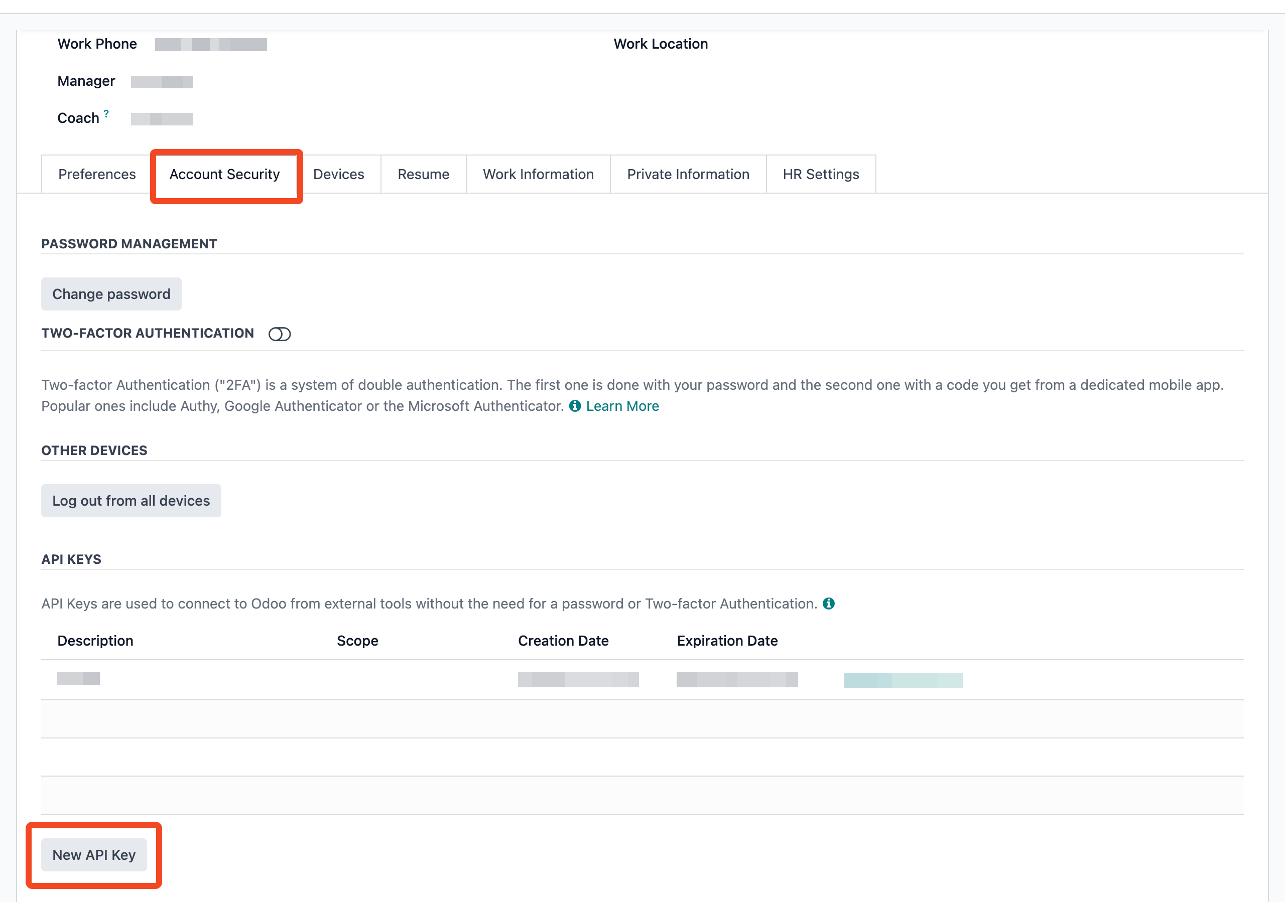 Odoo user profile with the Account Security tab selected and New API Key highlighted