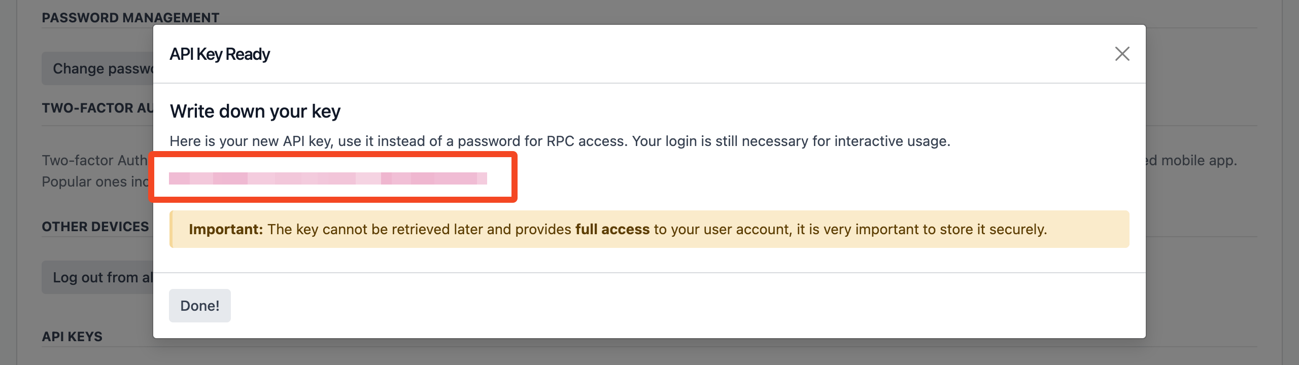 Odoo API Key Ready dialog showing the generated API key