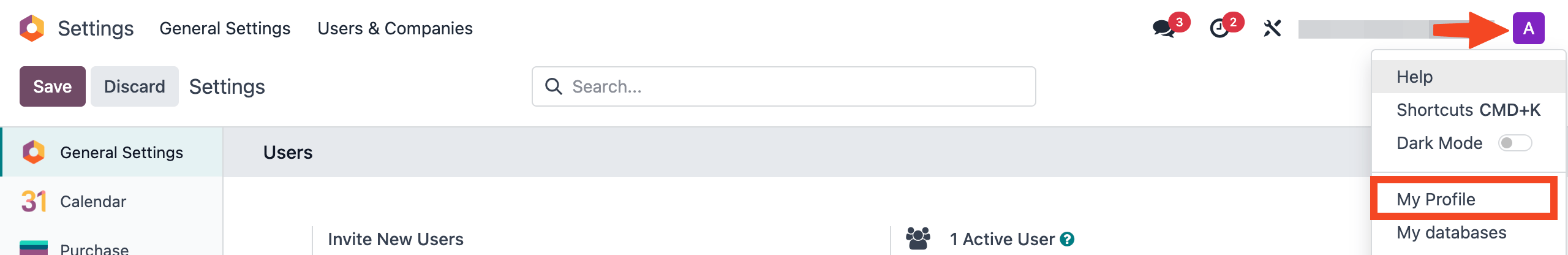 Odoo user menu with My Profile selected