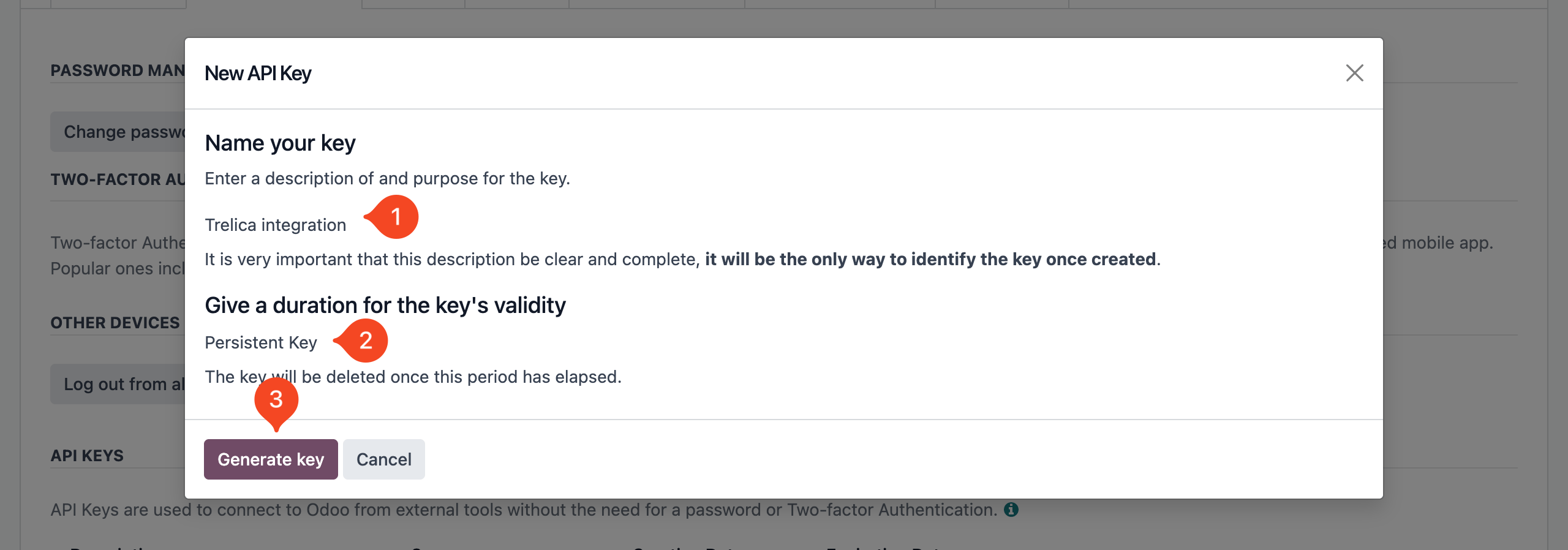 Odoo New API Key dialog showing the name, validity, and Generate key fields