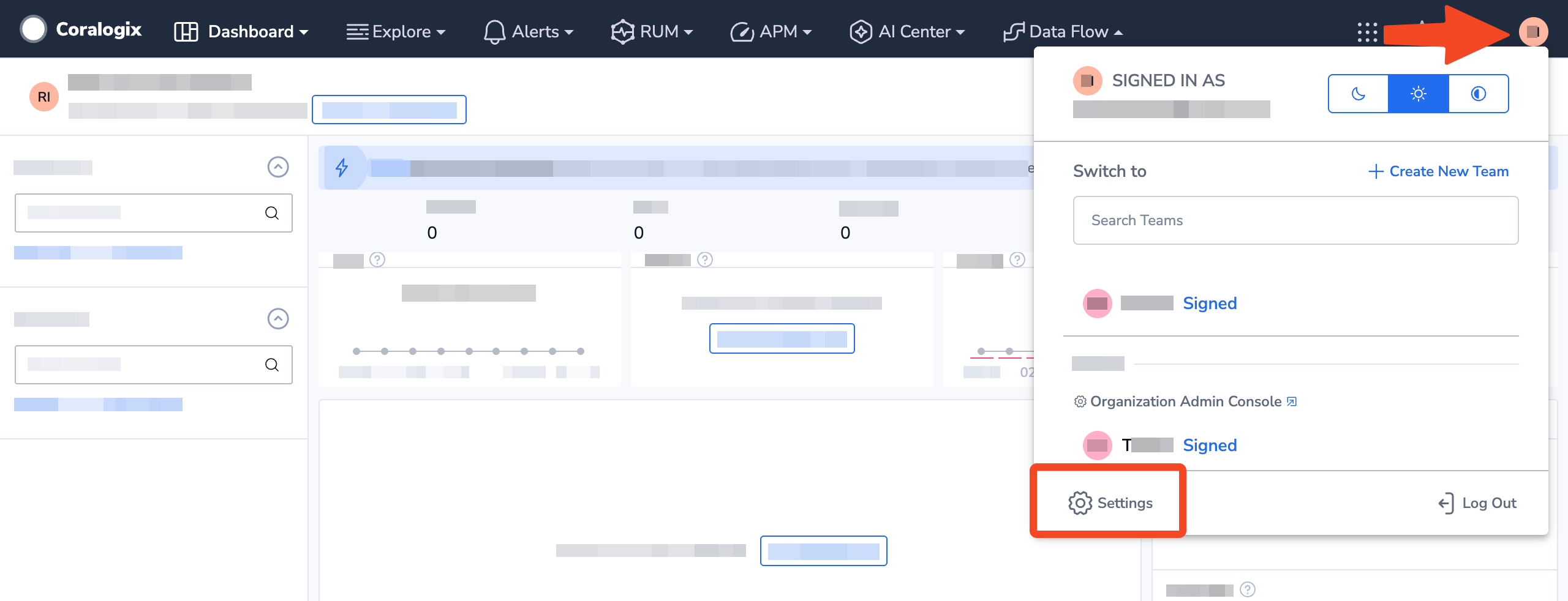 Coralogix profile menu with Settings selected