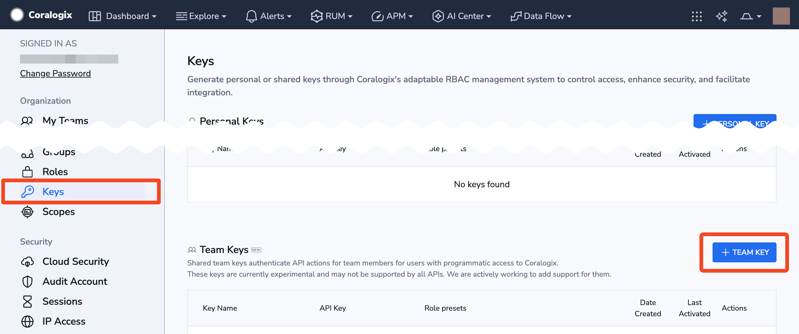 Coralogix Keys menu with Team Keys selected