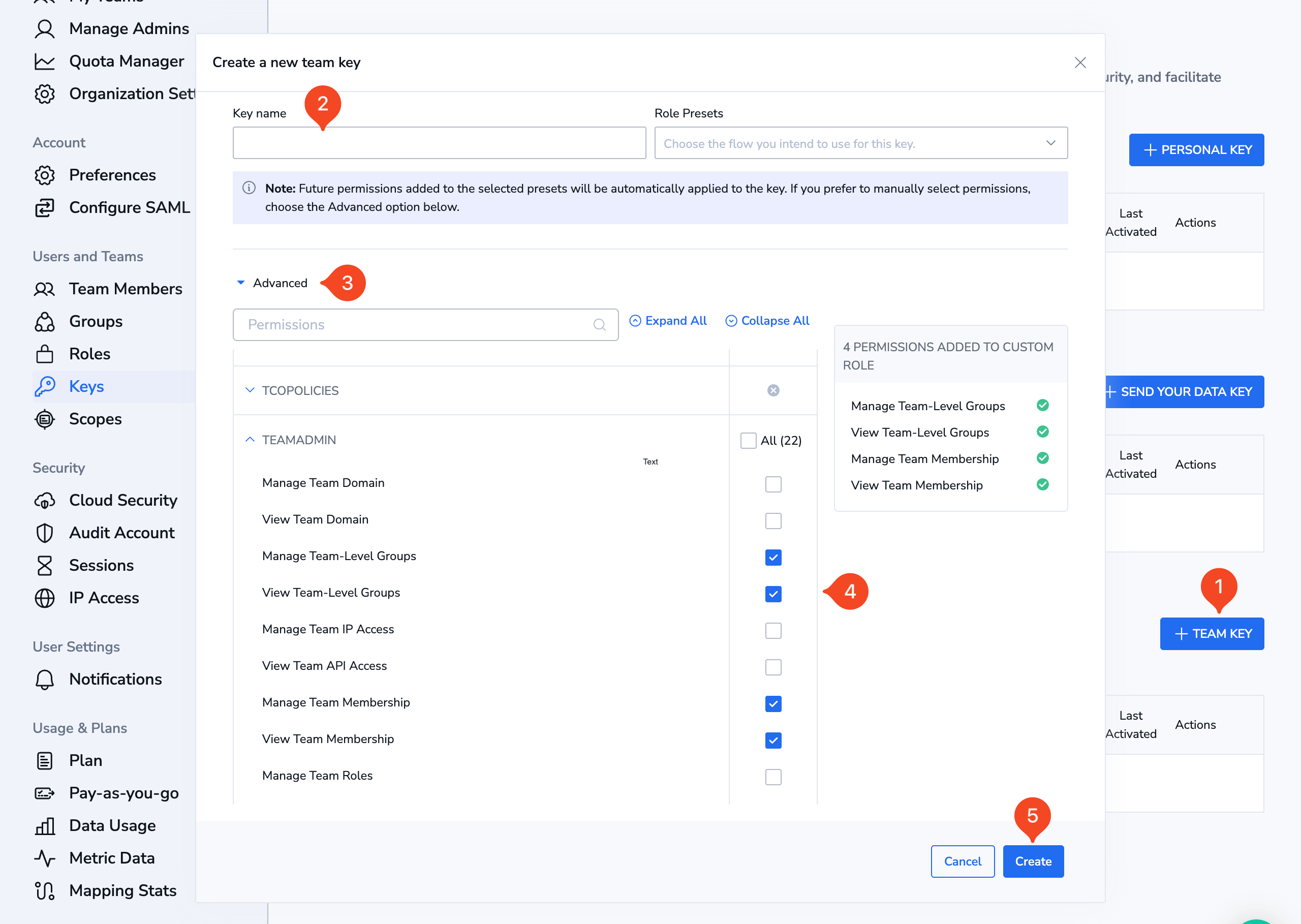 Coralogix Team API key form with required team scopes