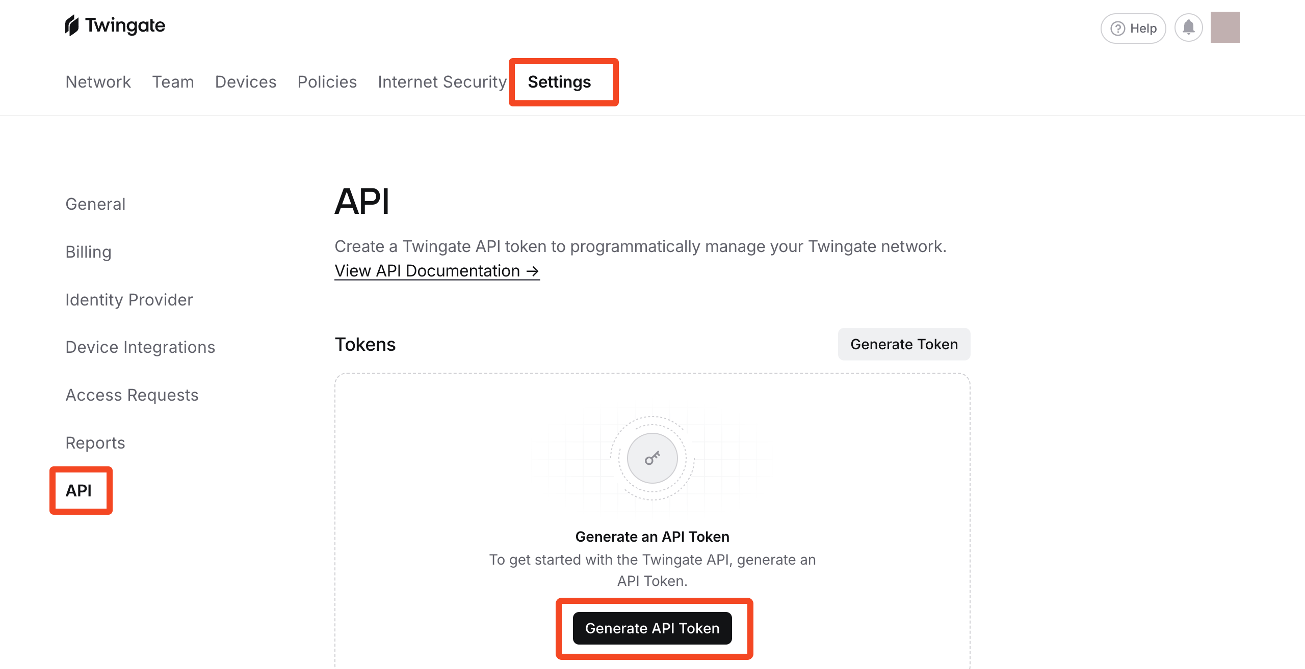 Twingate API settings page with Generate API Token selected