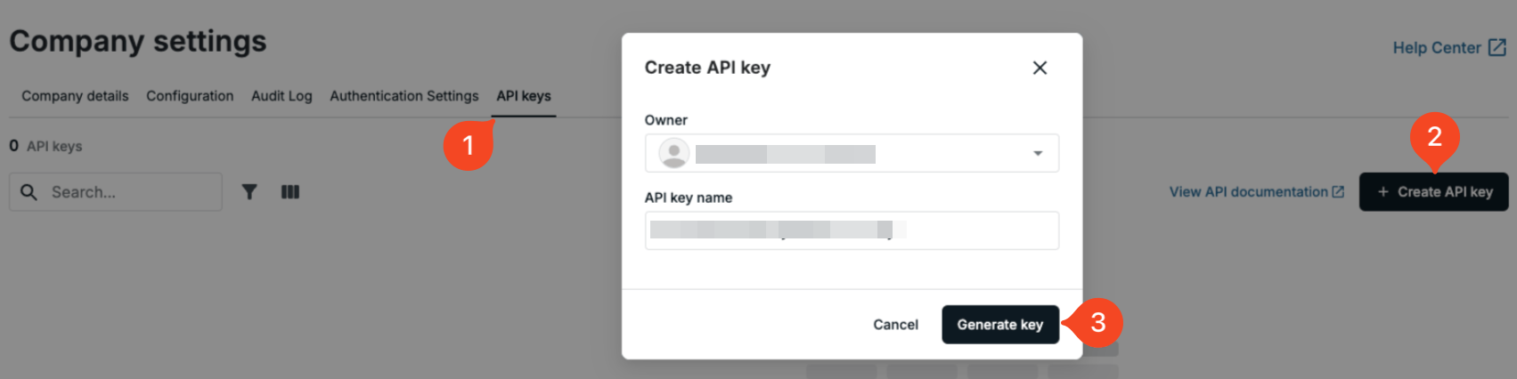Secureframe Create API Key dialog with generated API key and secret
