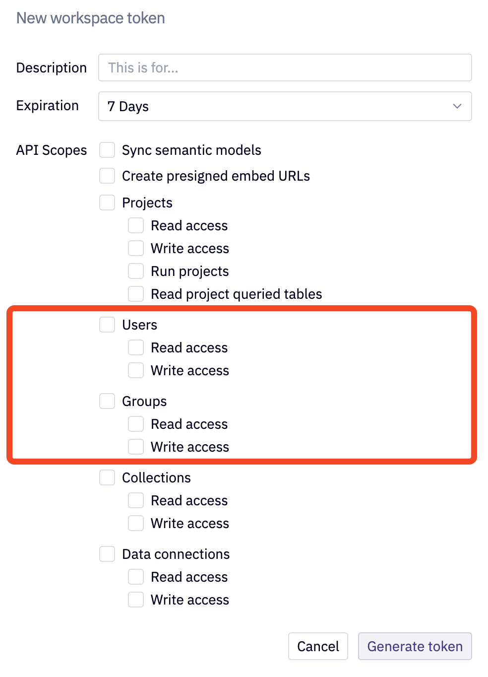 Hex New workspace token form with the Users and Groups API scopes highlighted