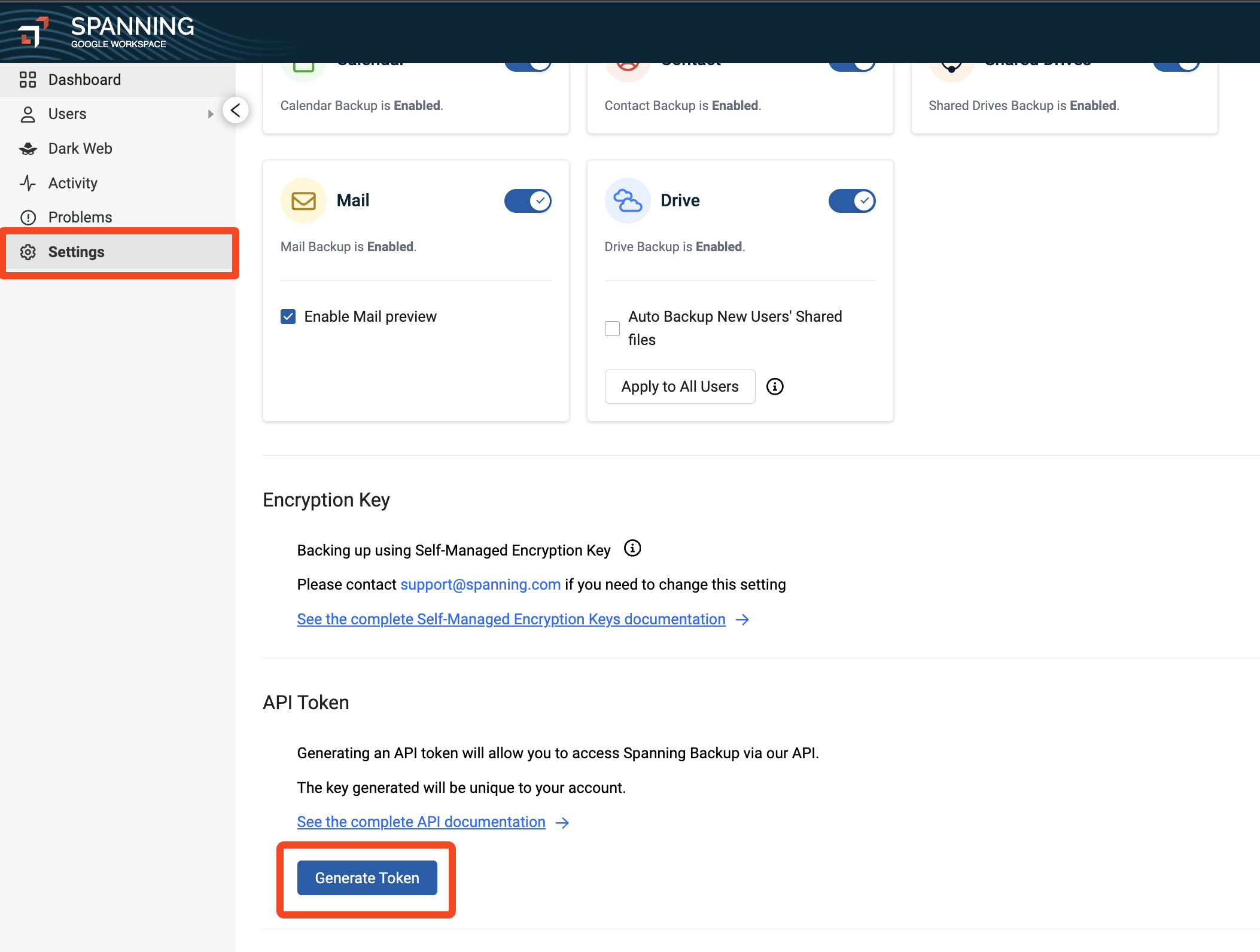 Spanning Google Workspace Settings page with the Generate Token button highlighted in the API Token section