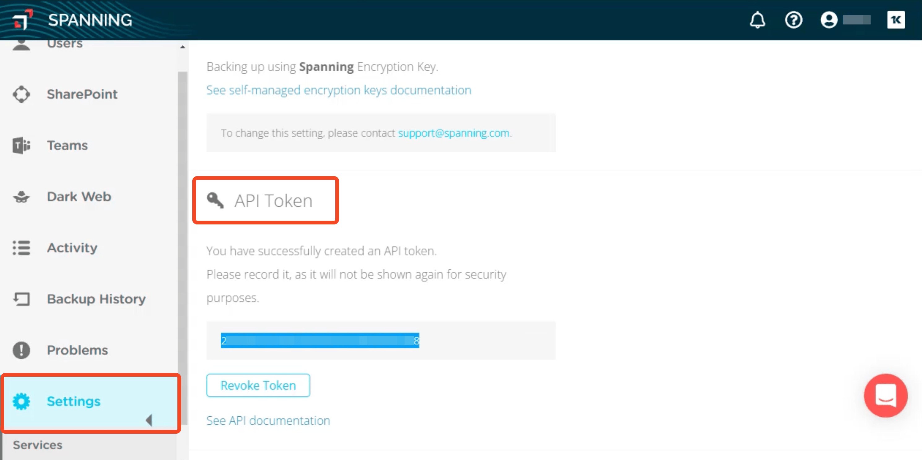 Spanning Microsoft 365 Settings page with the API Token section highlighted