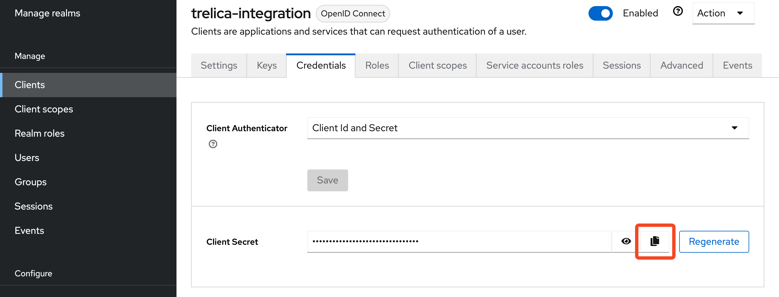Keycloak client Credentials tab showing the client secret
