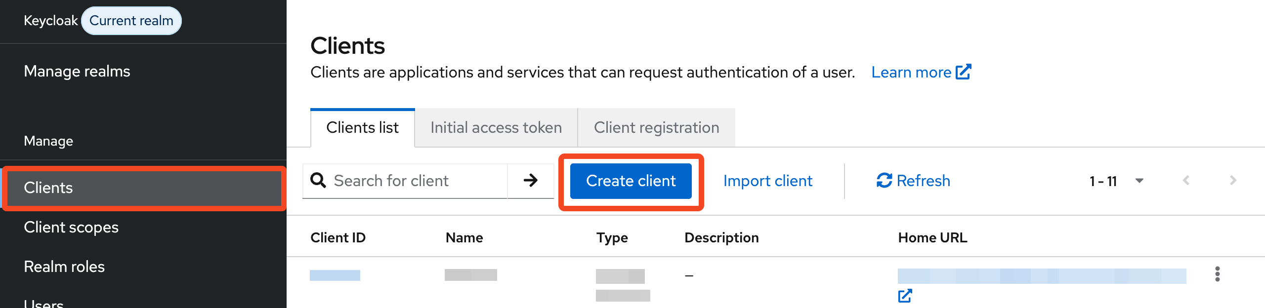 Keycloak Clients page with Create client selected