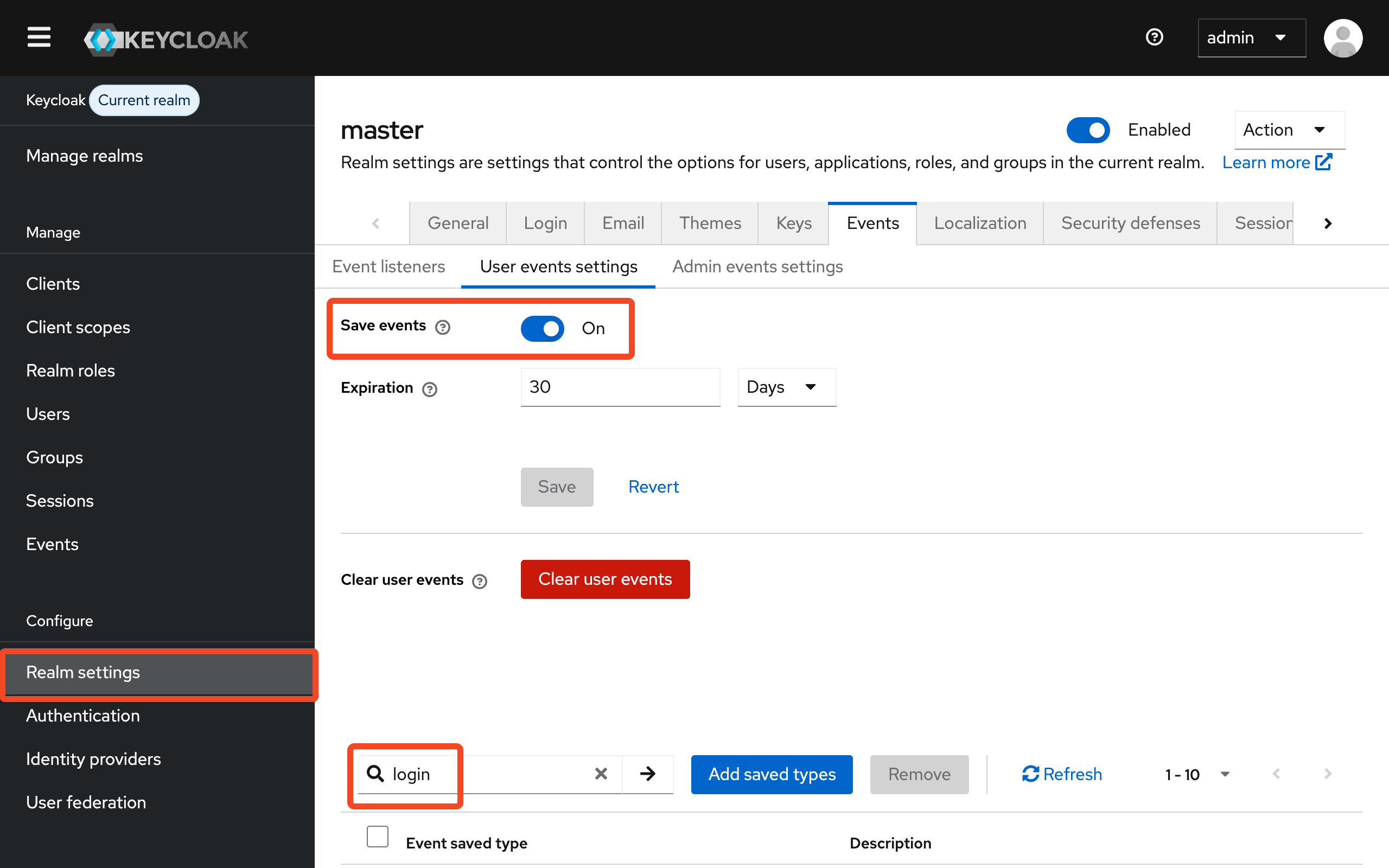 Keycloak user event settings with login events selected