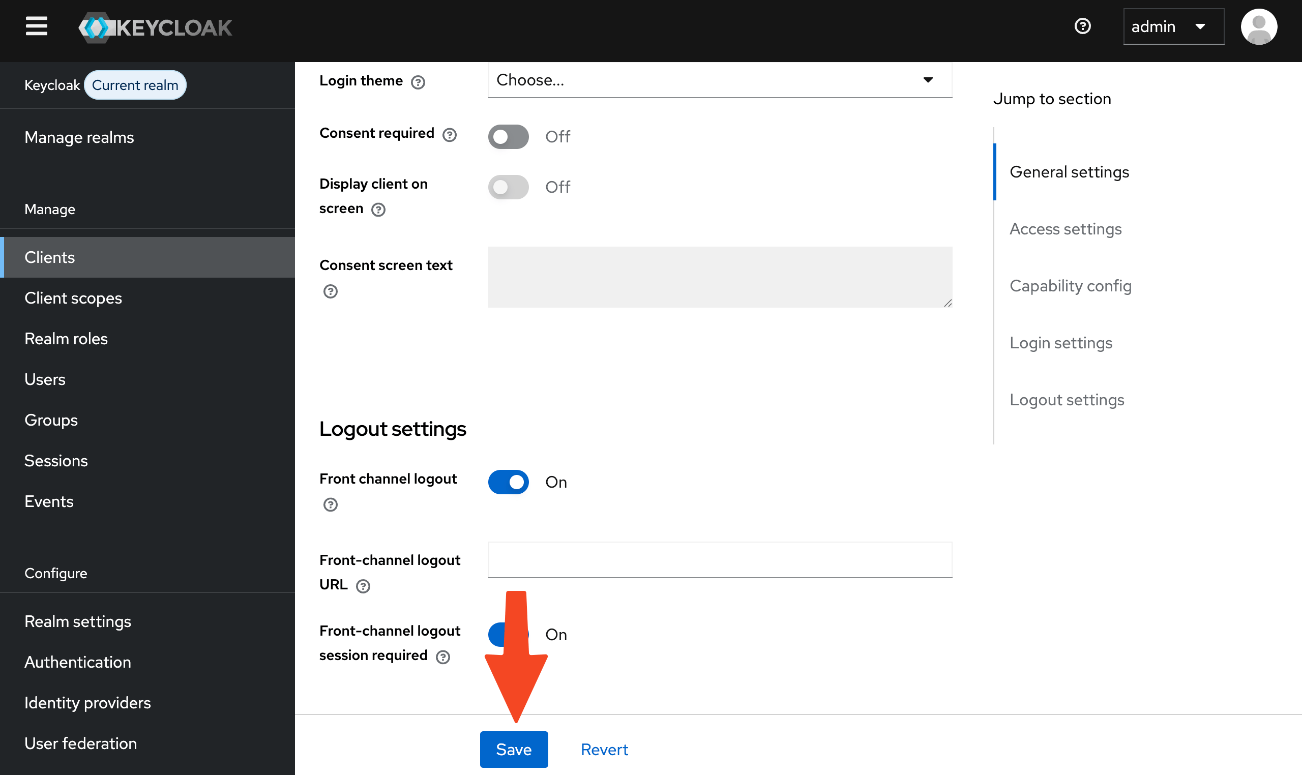 Keycloak client settings Save button