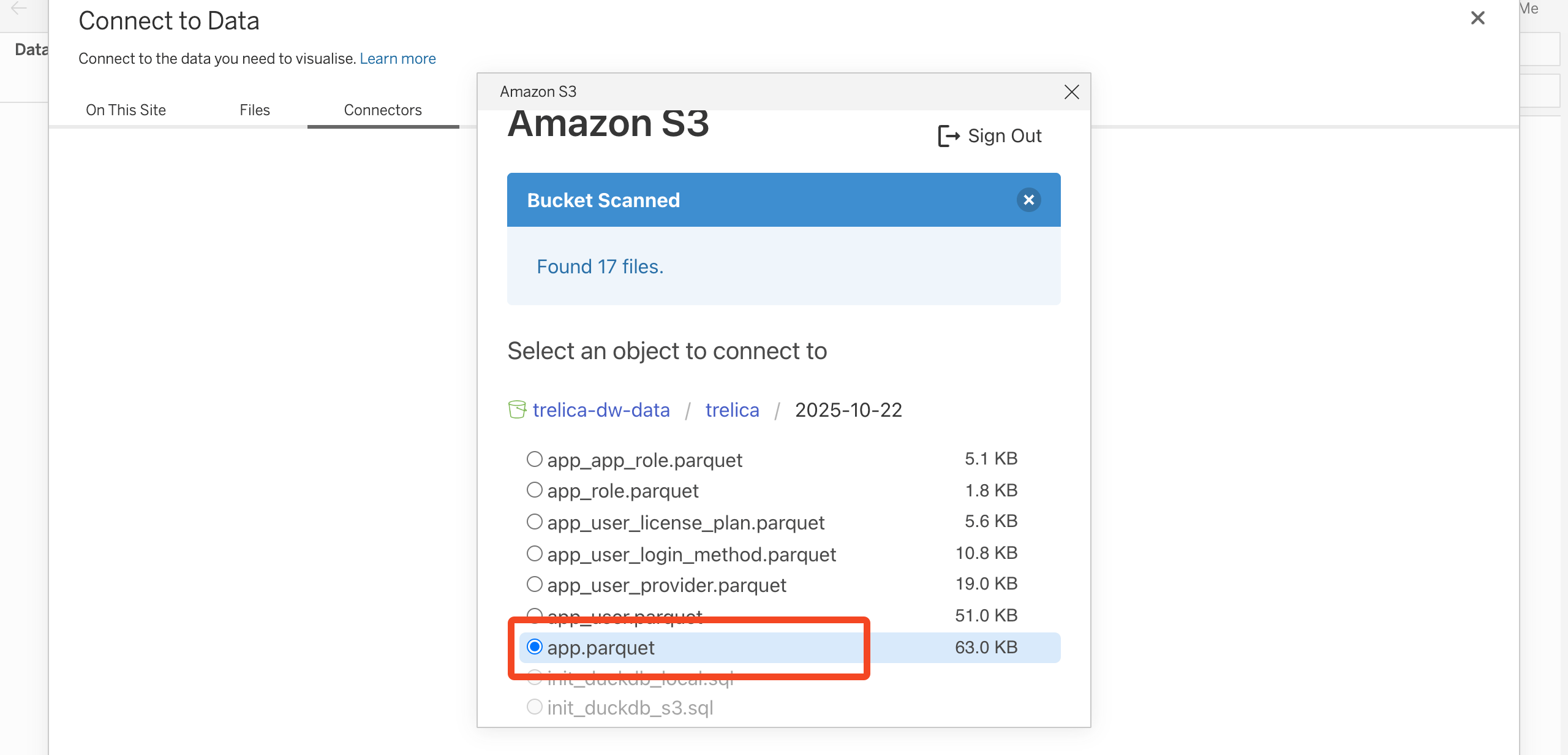 Tableau Amazon S3 browser with a Parquet file selected