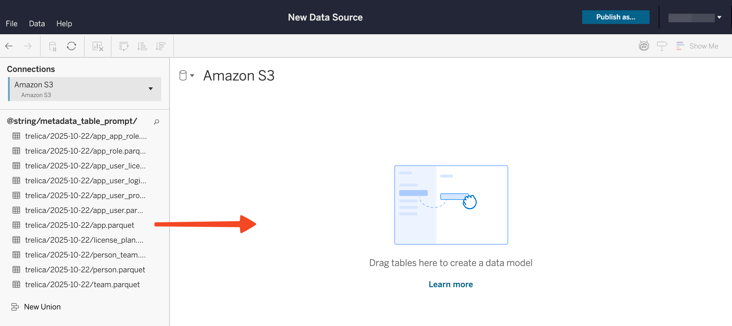 Tableau data source view with files from the selected S3 folder