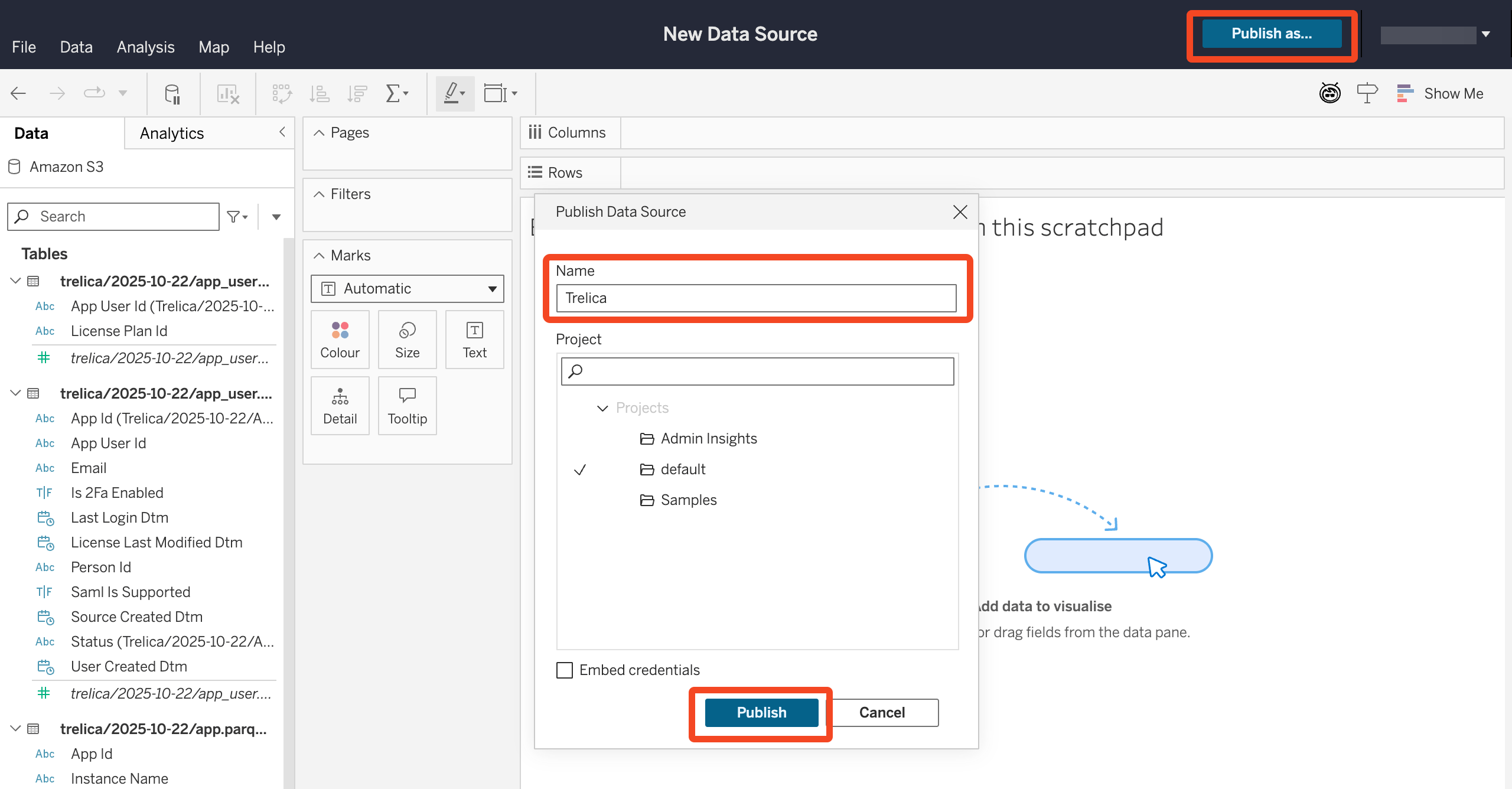 Tableau Publish Data Source dialog with name and Publish action