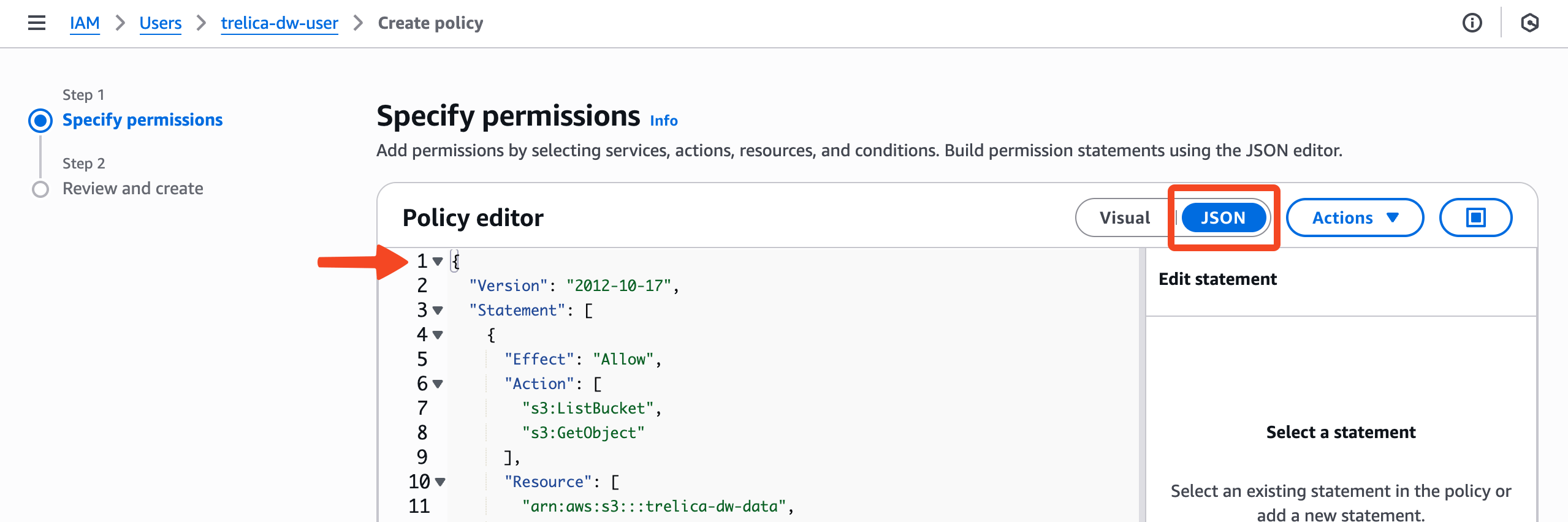 AWS IAM inline policy JSON editor