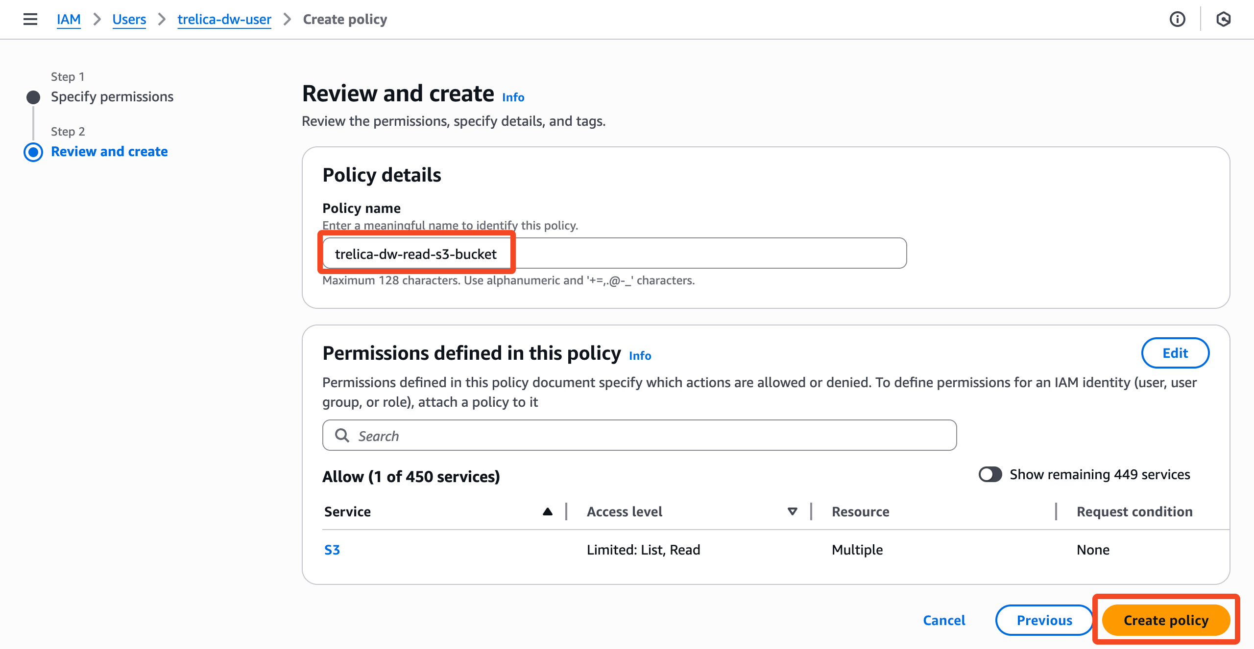AWS IAM inline policy review with the policy name and Create policy action