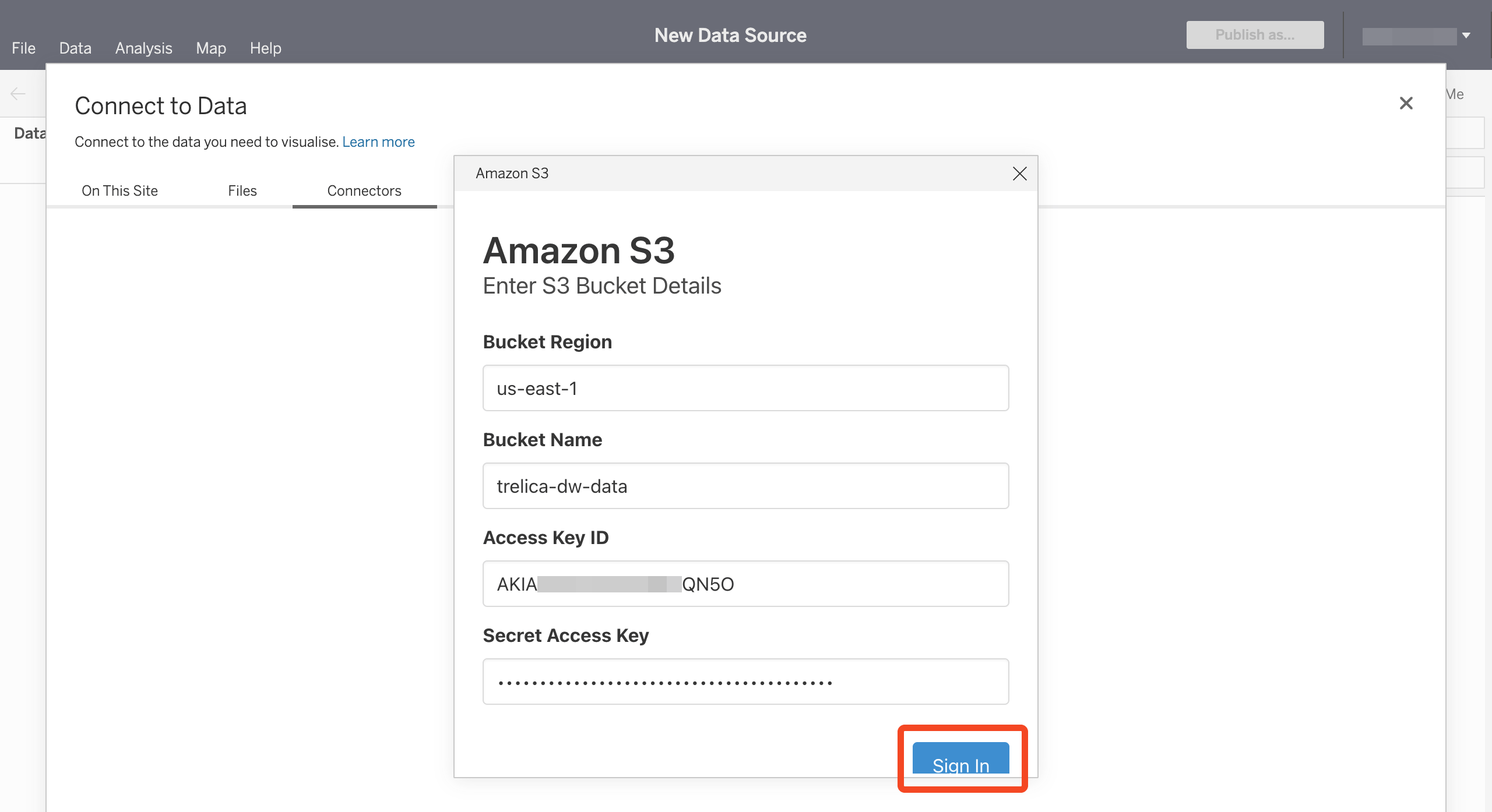 Tableau Amazon S3 connection dialog with S3 bucket details