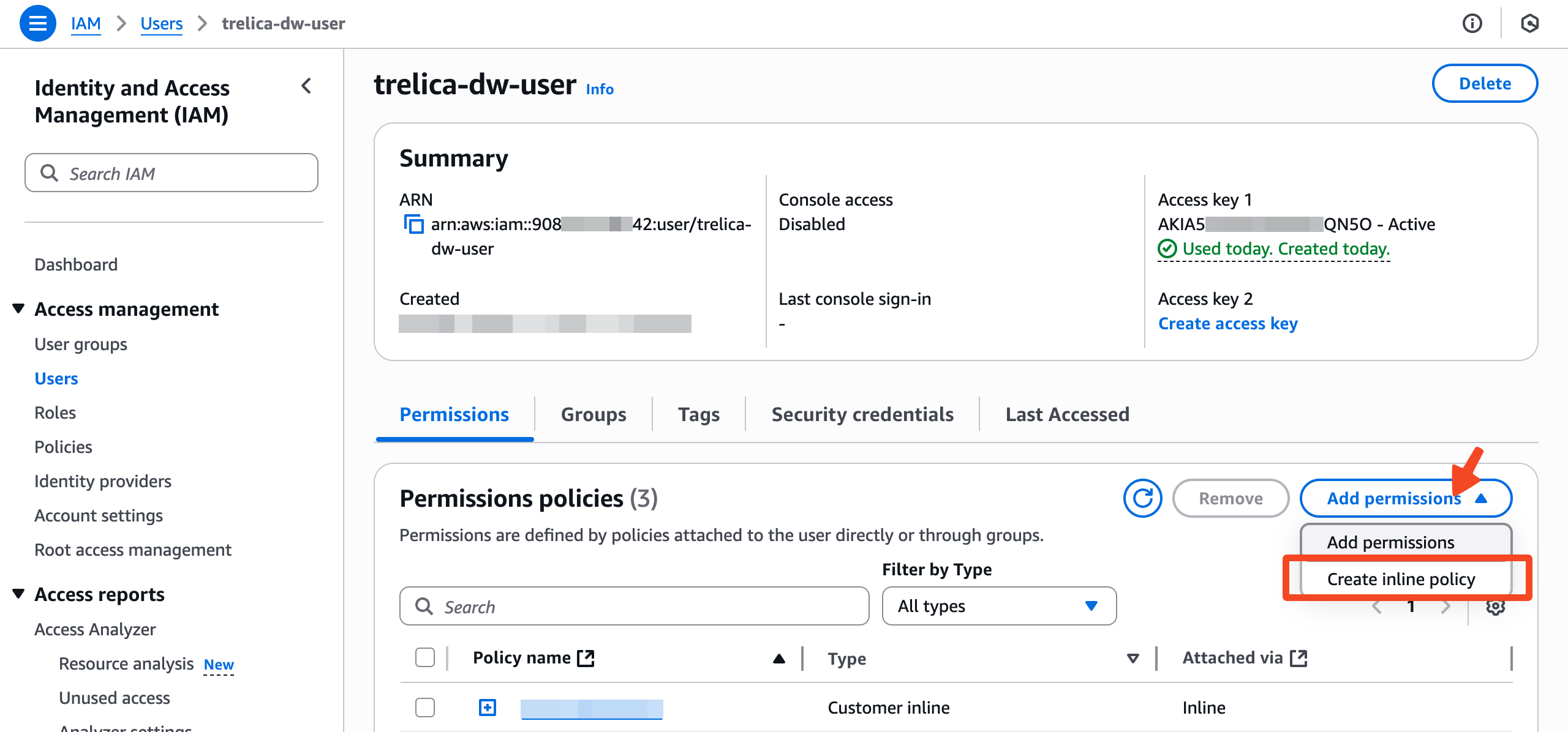 AWS IAM user permissions page with Create inline policy selected