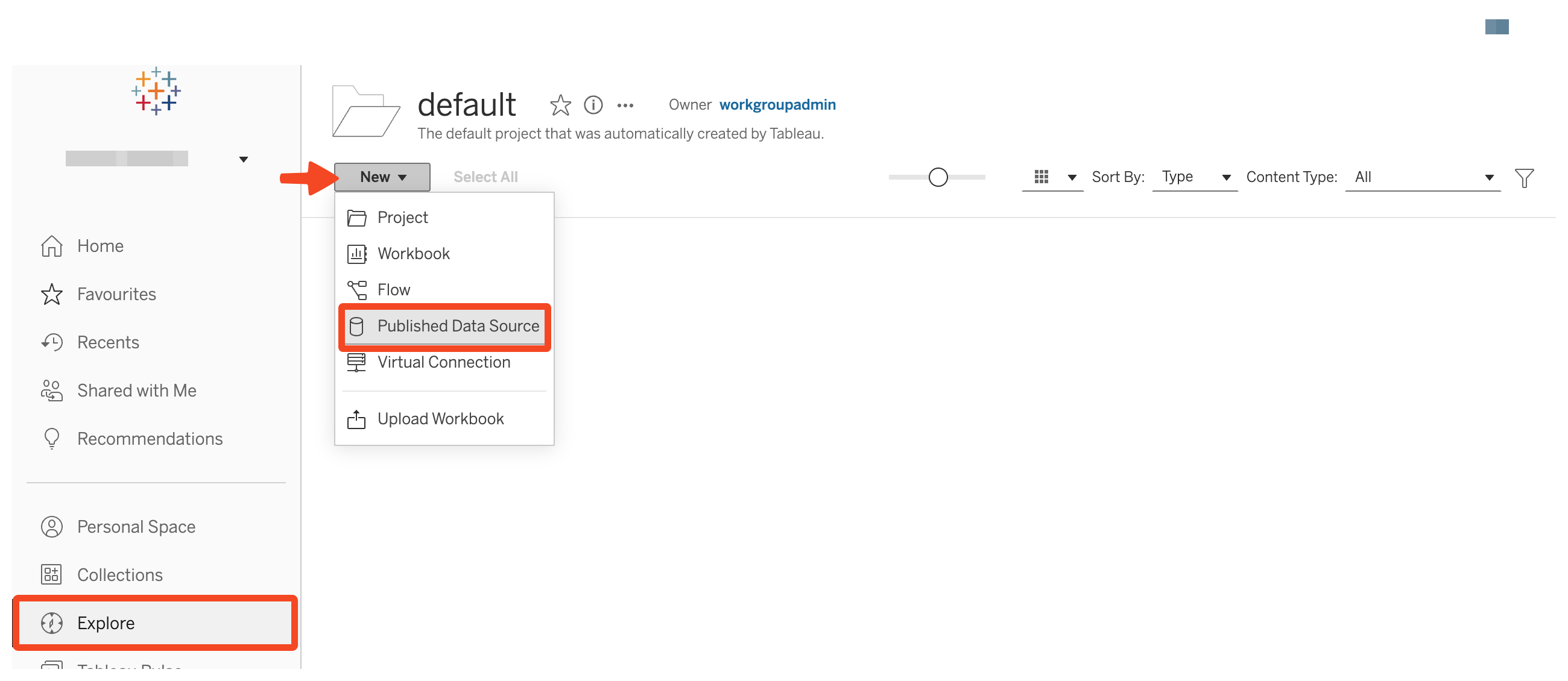 Tableau project New menu with Published Data Source selected