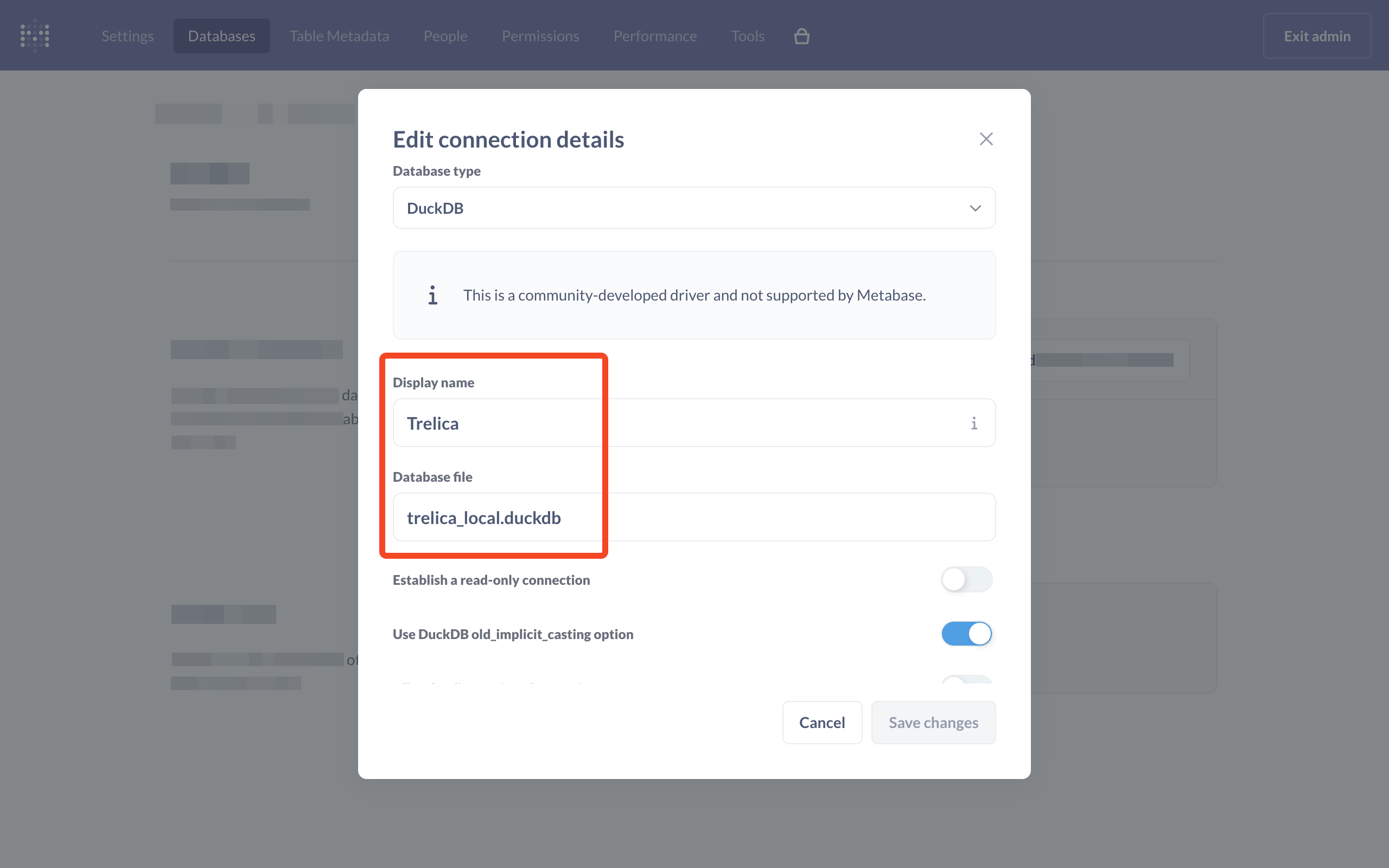 Metabase Edit connection details dialog with DuckDB selected and the display name and database file fields highlighted
