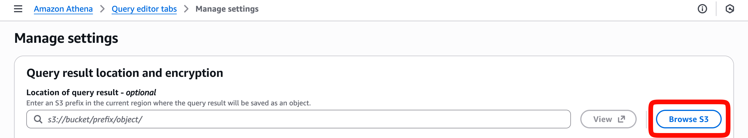 Amazon Athena query results location dialog with Browse S3 selected