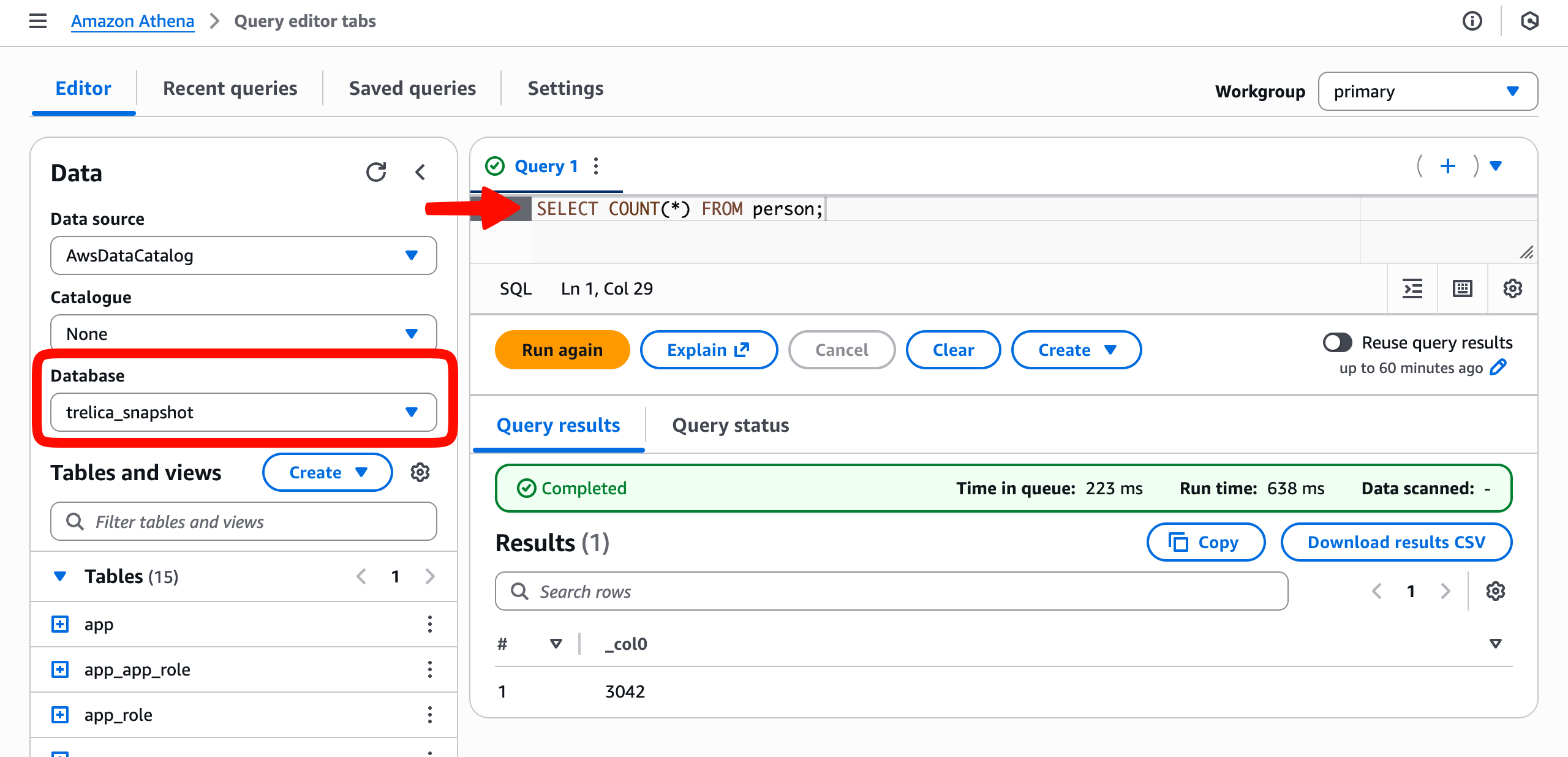 Amazon Athena query editor with the SaaS Manager database and tables