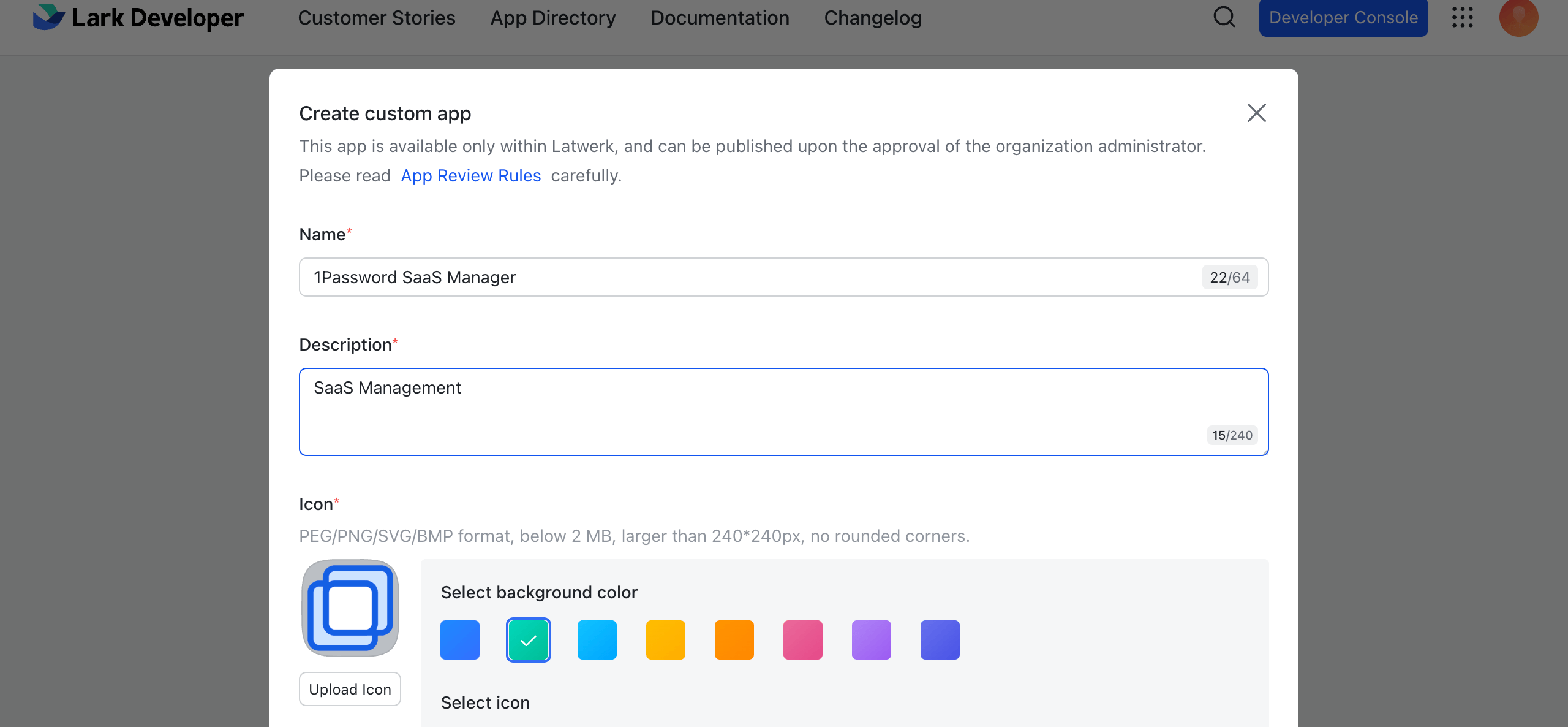 Lark app creation settings