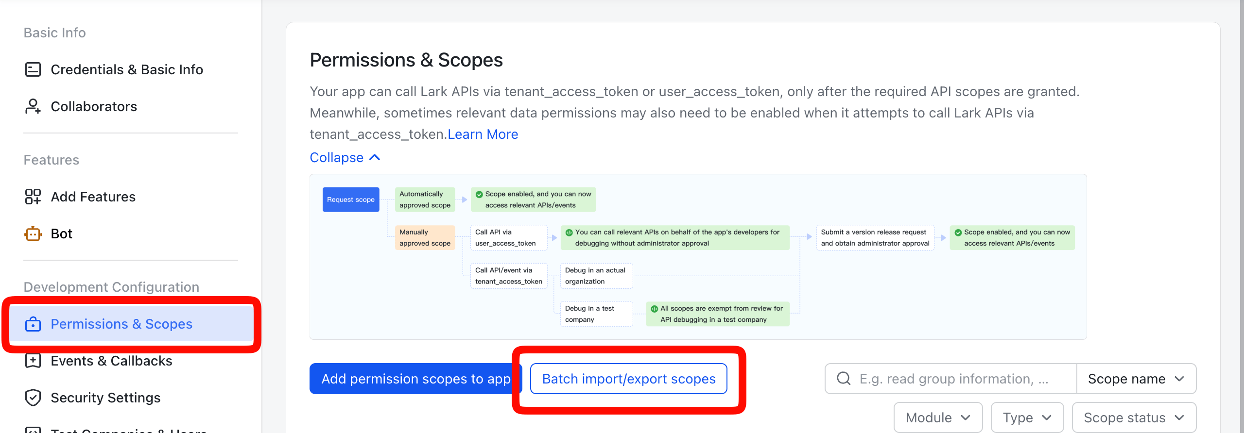 Lark application permission settings