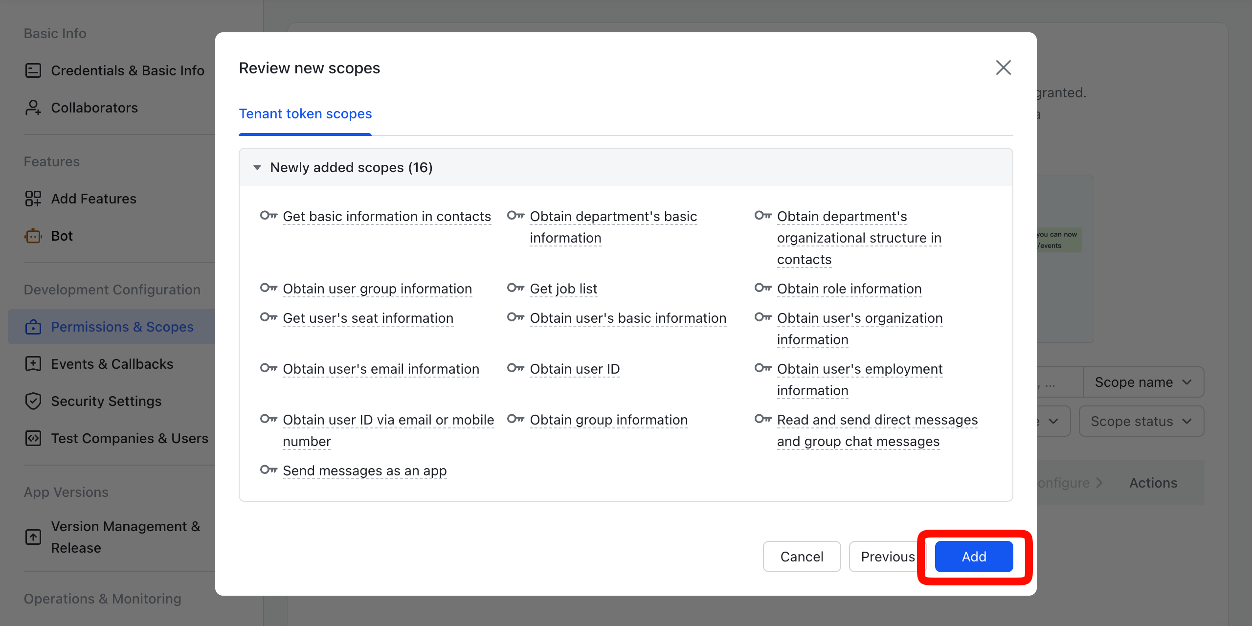 Lark API permission configuration