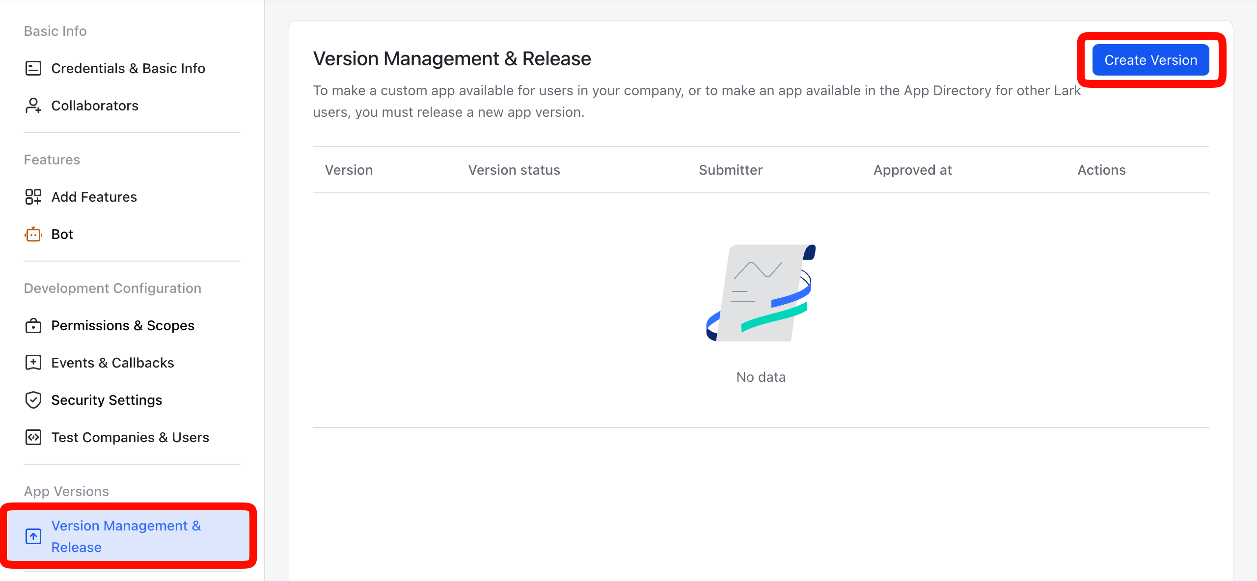 Lark application publishing settings