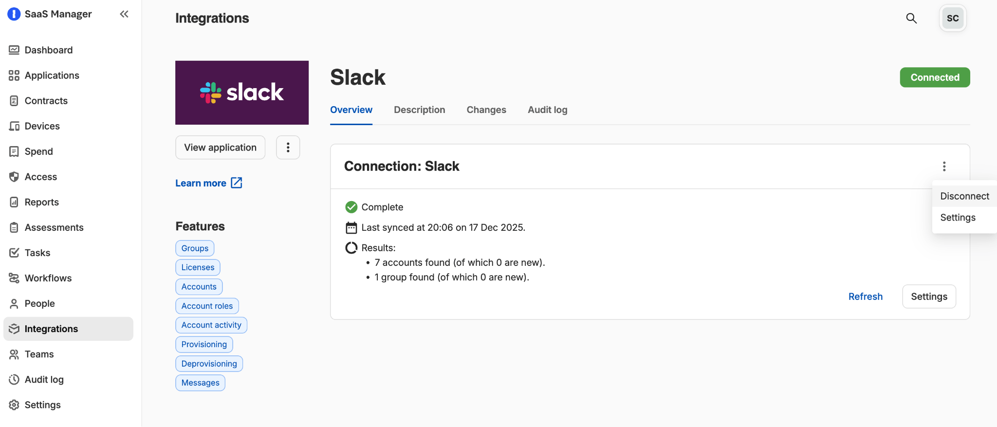 SaaS Manager integration page with the connection menu open and Disconnect selected