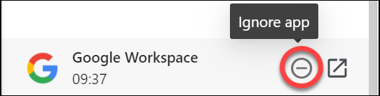 SaaS Manager browser extension popup with the Ignore app icon highlighted for Google Workspace