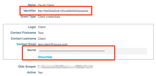 Coupa OAuth client details showing the Identifier and the Show/Hide control for the Secret