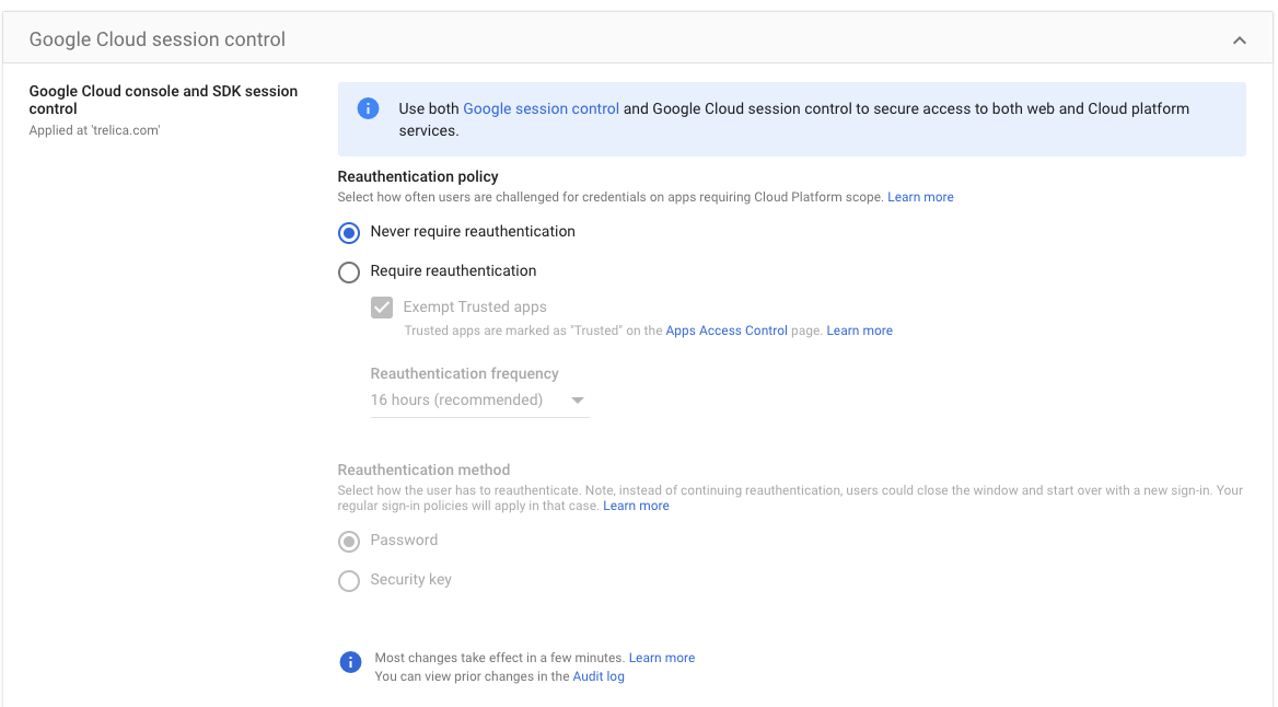 Google Admin reauthentication settings with Exempt Trusted apps selected