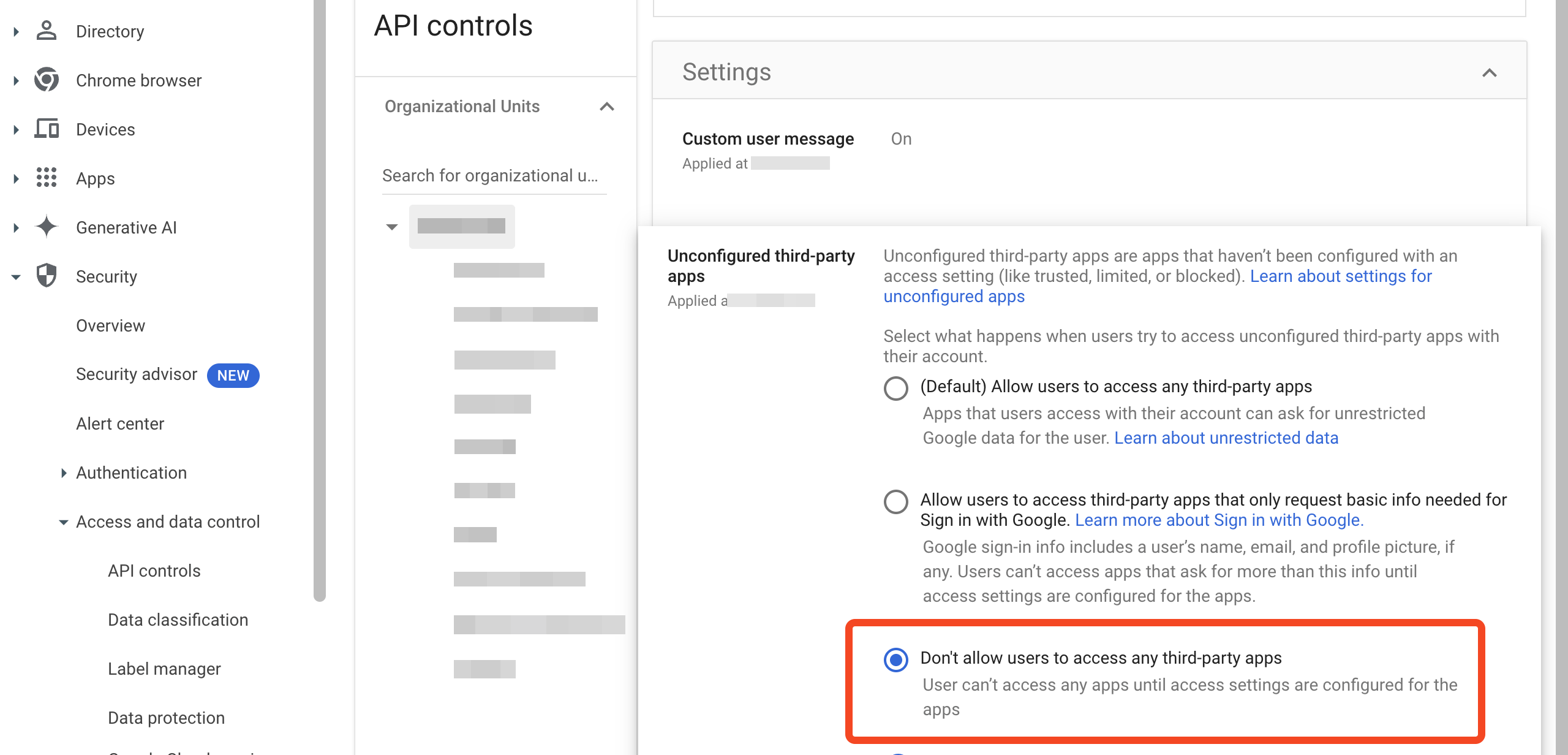 Google Admin third-party app access set to block all apps